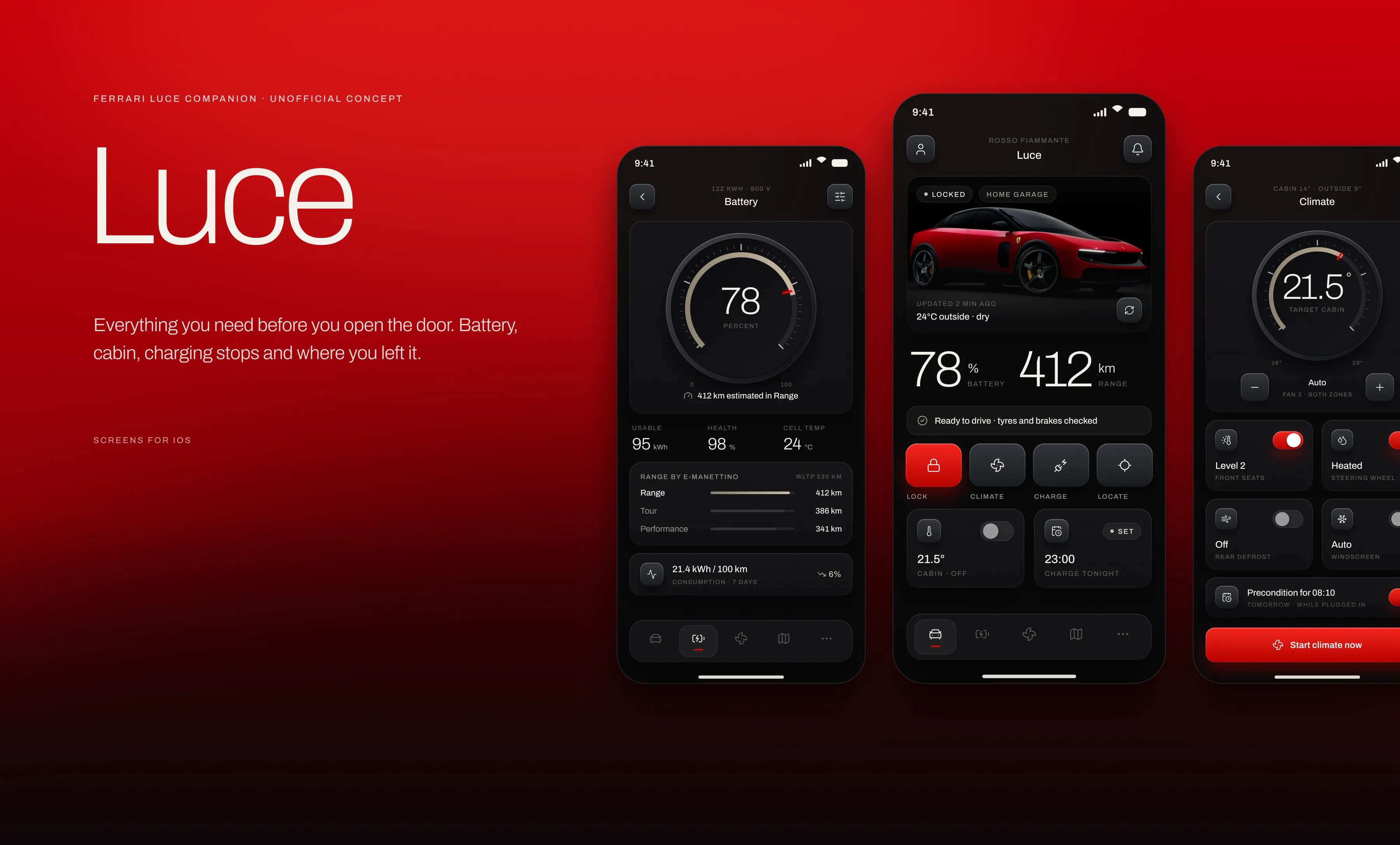 The Luce wordmark on a deep red field with three upright phones showing the battery, vehicle overview and climate screens