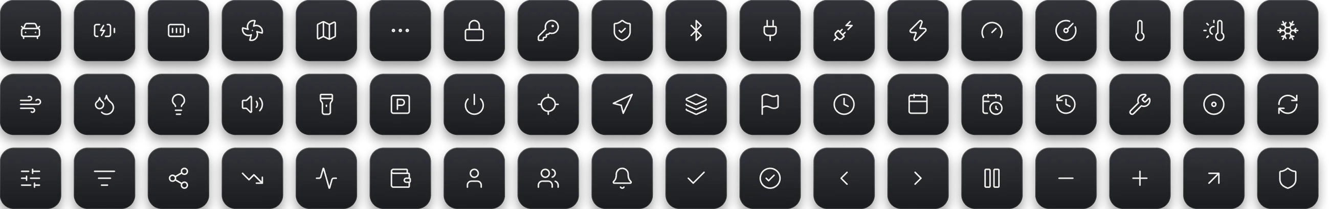 The Luce icon set, fifty four Lucide icons in aluminium switch boxes
