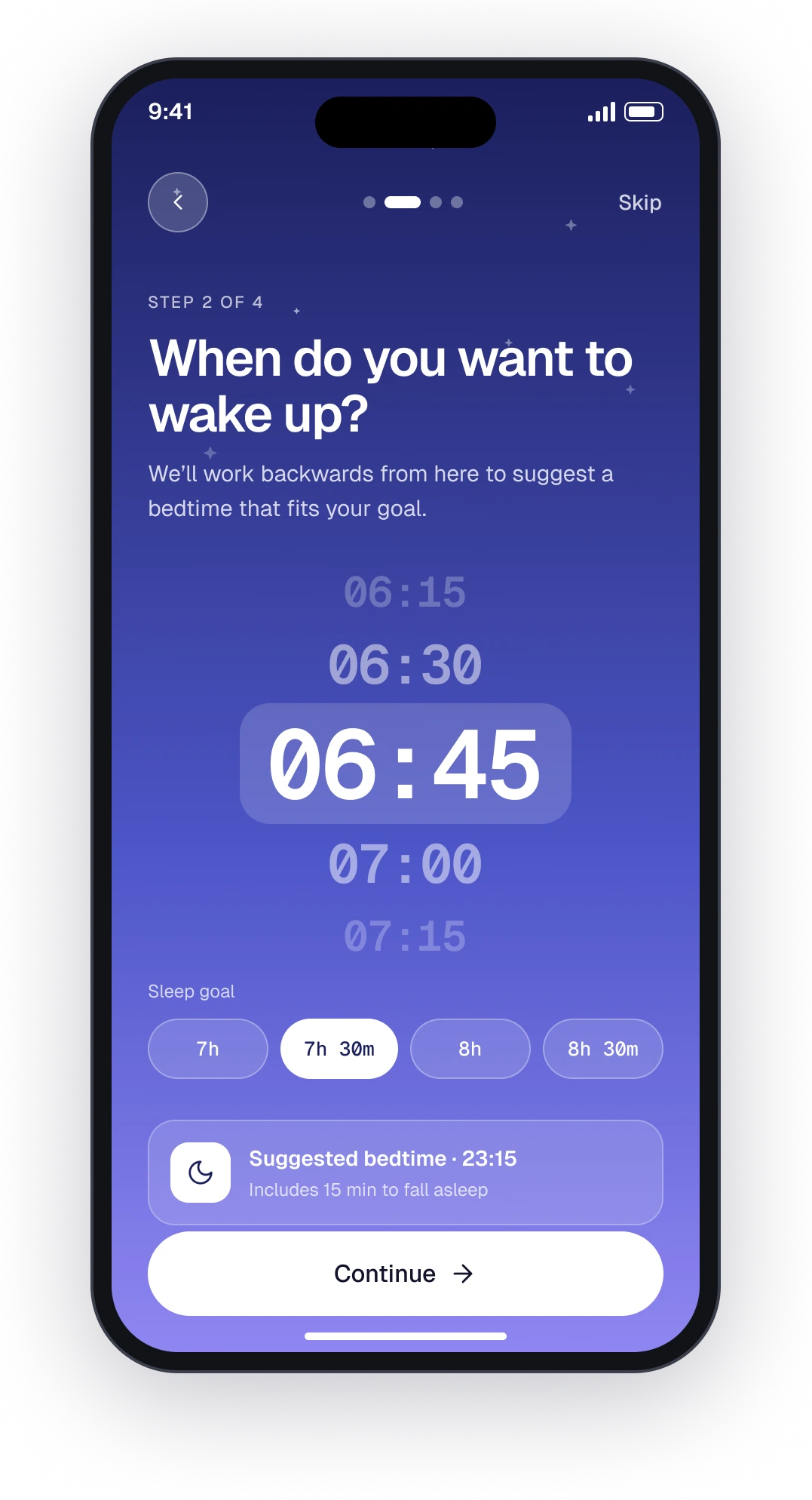 The Lull onboarding screen asking for a wake time and a sleep goal
