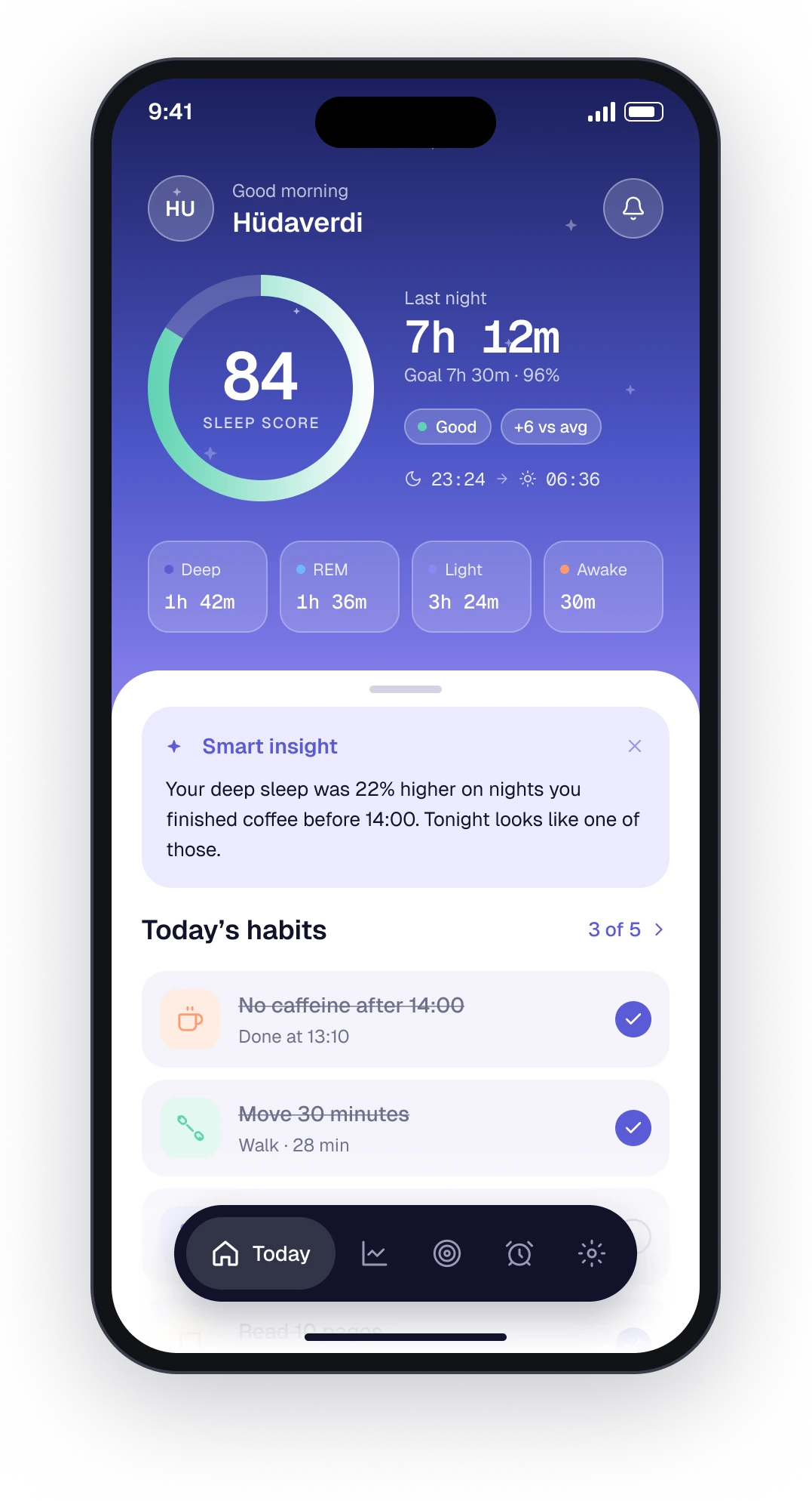 The Lull today screen with the sleep score above the day’s habits