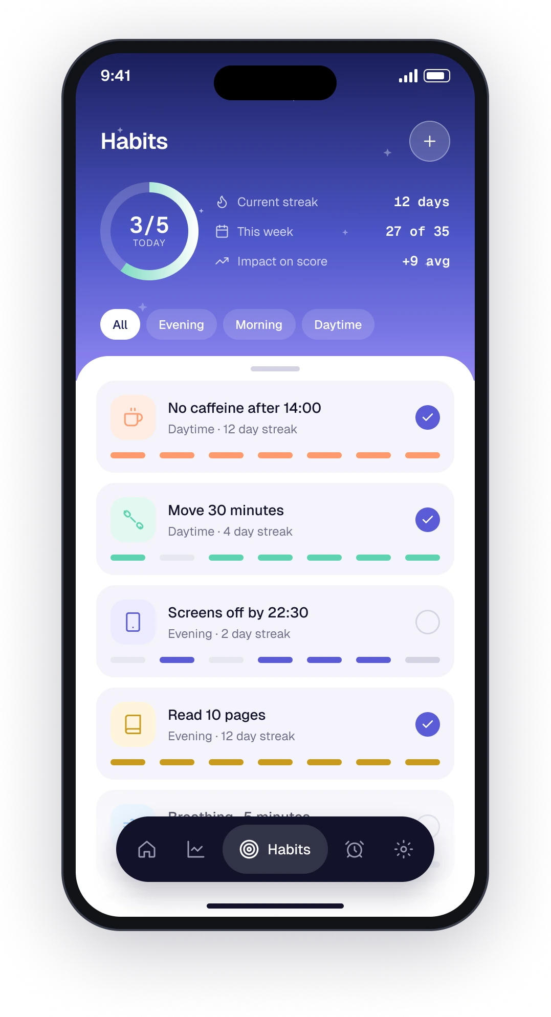 The Lull habits screen with streaks and the last seven days per habit