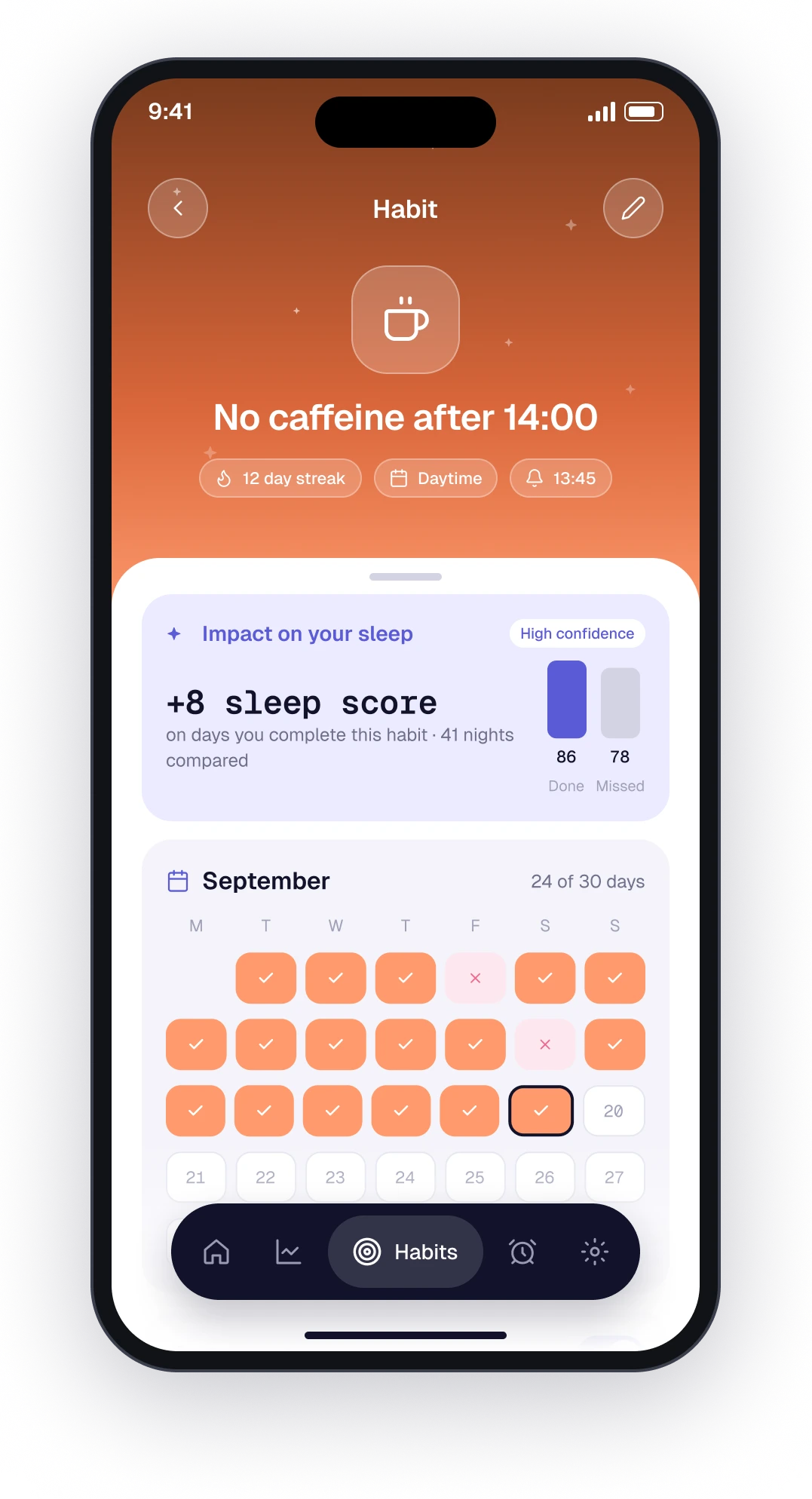 The Lull habit detail screen showing a habit’s effect on the sleep score