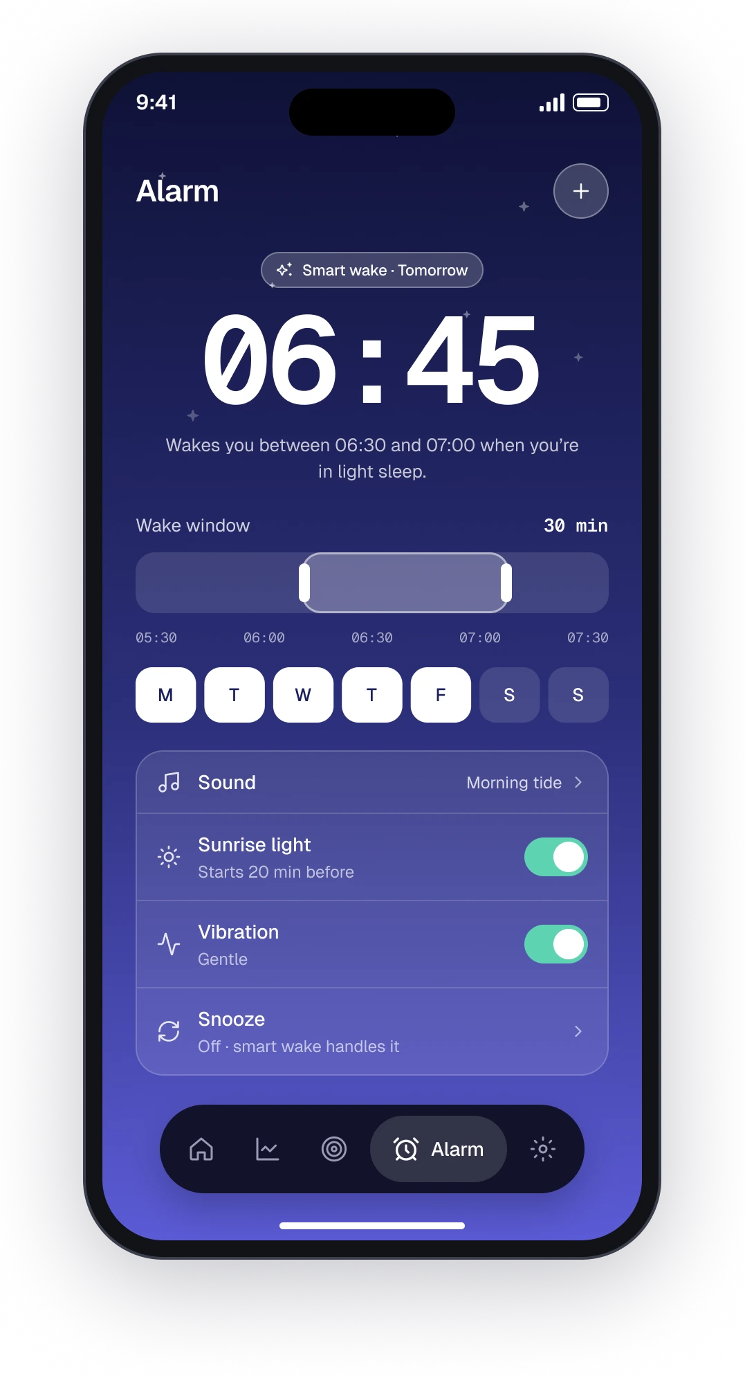 The Lull smart alarm screen with a wake window instead of a fixed time