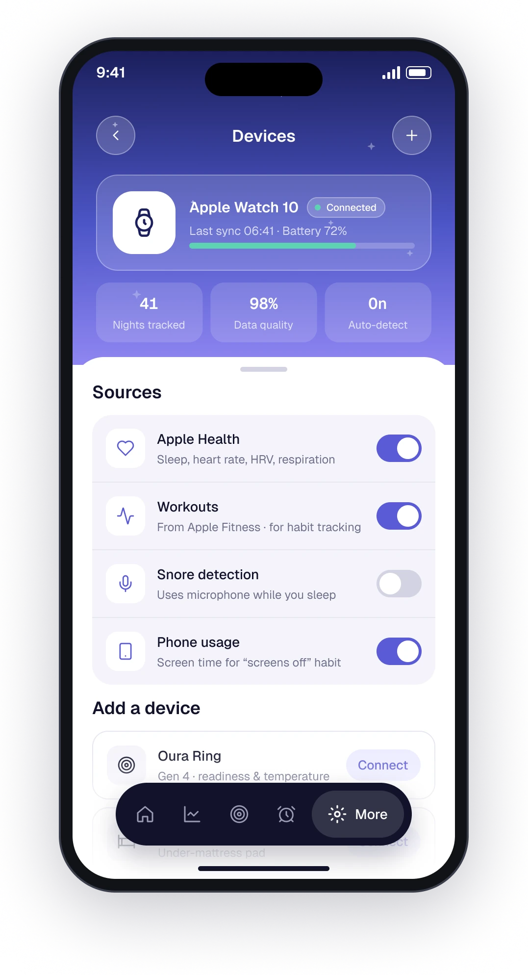 The Lull devices screen with watch connection and data source toggles