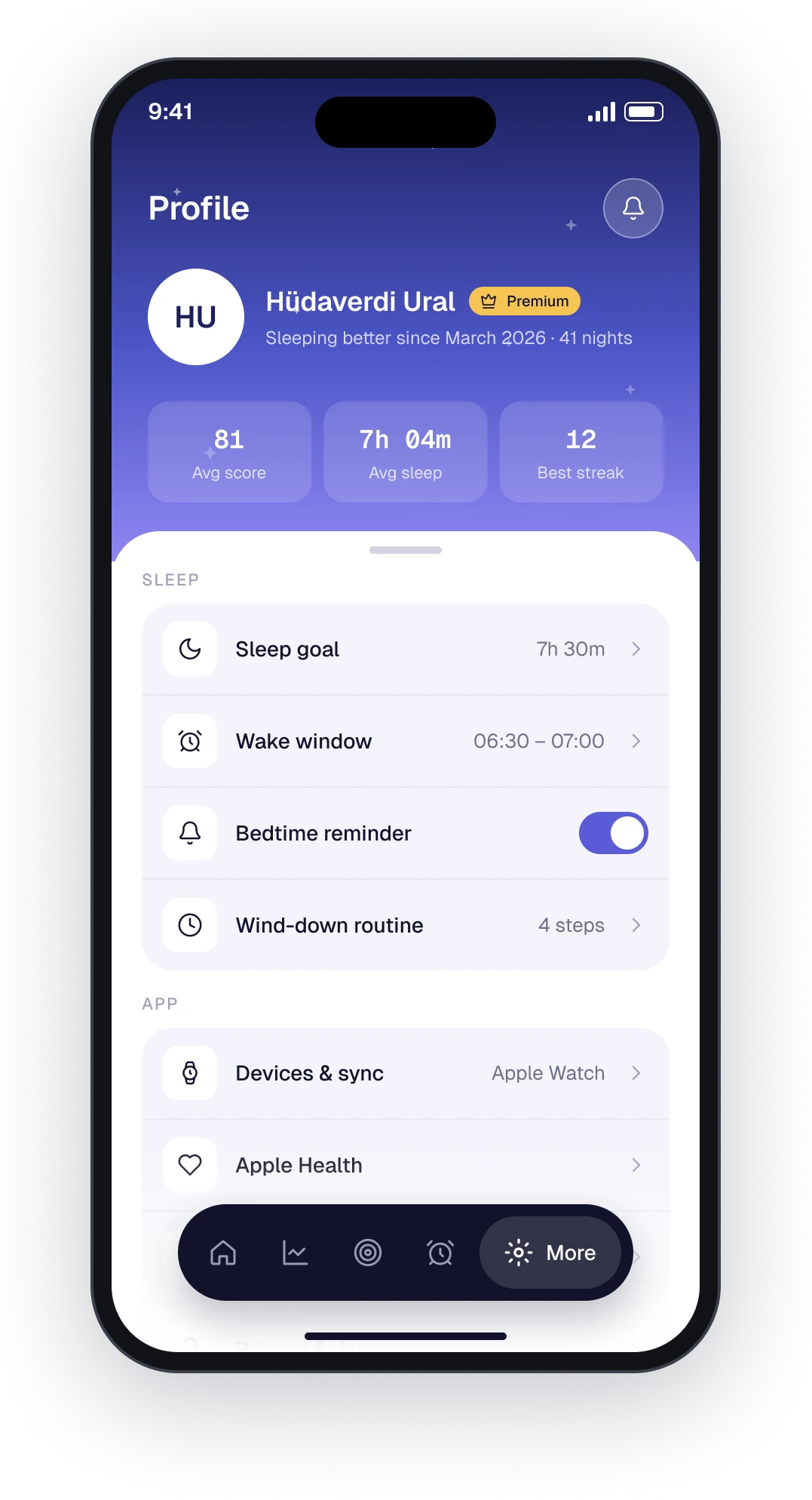The Lull profile and settings screen with grouped lists