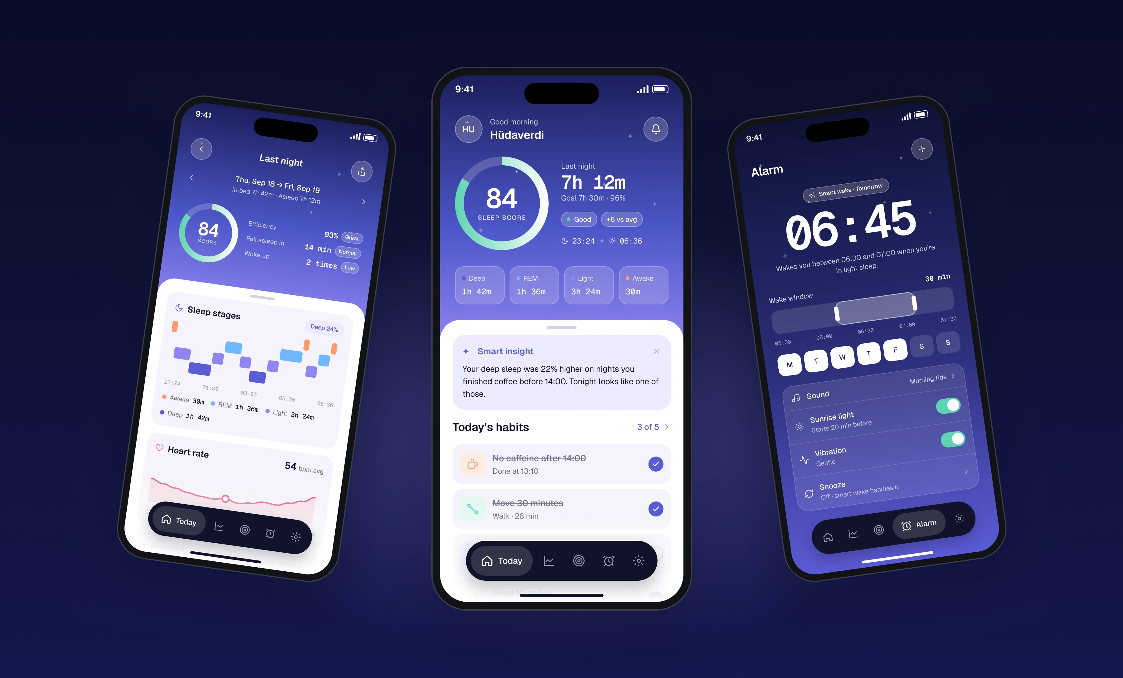 The Lull app shown on a phone, with the sleep score and the night detail screen