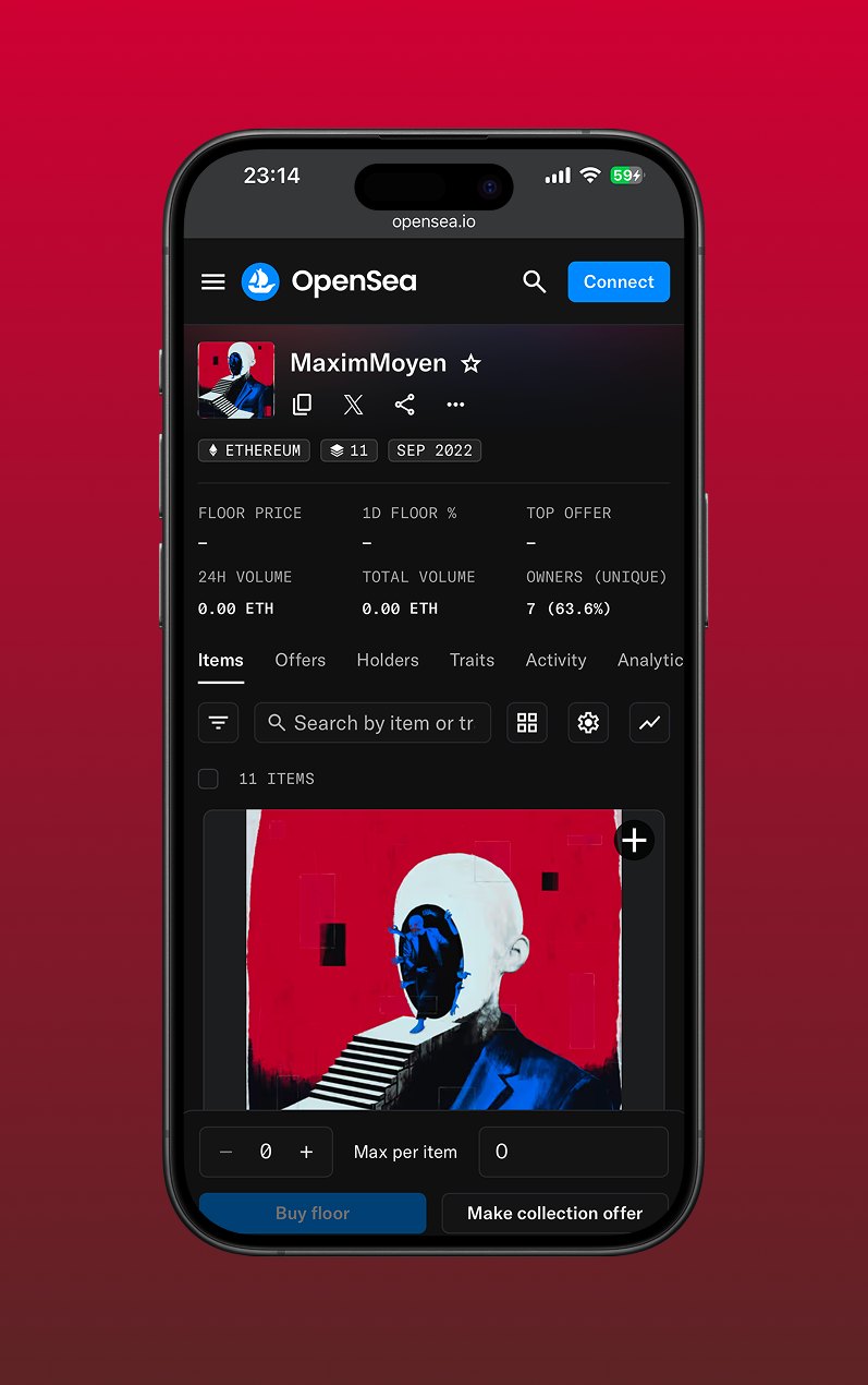 MaximMoyen OpenSea profile shown on a mobile device