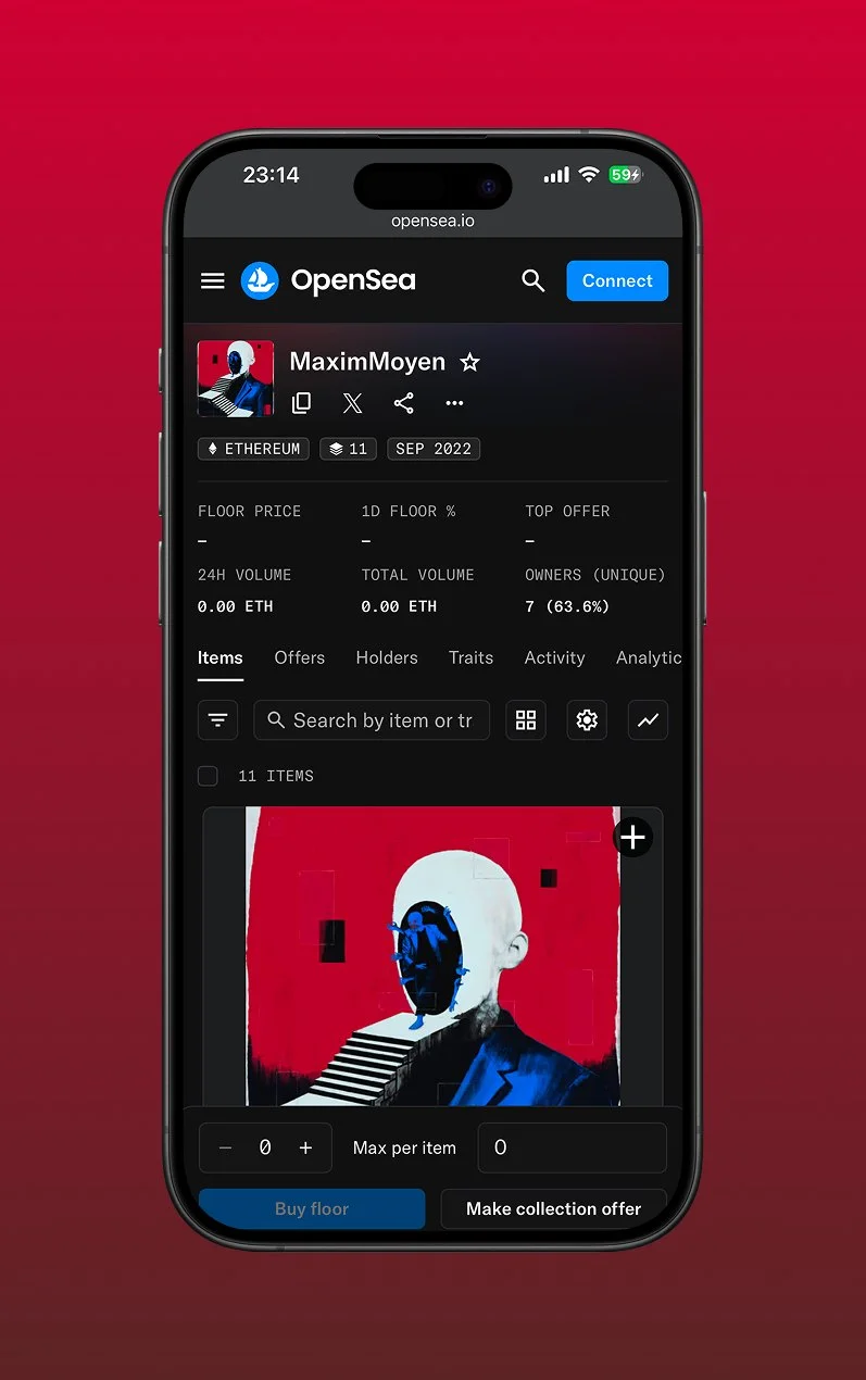 MaximMoyen OpenSea profile shown on a mobile device