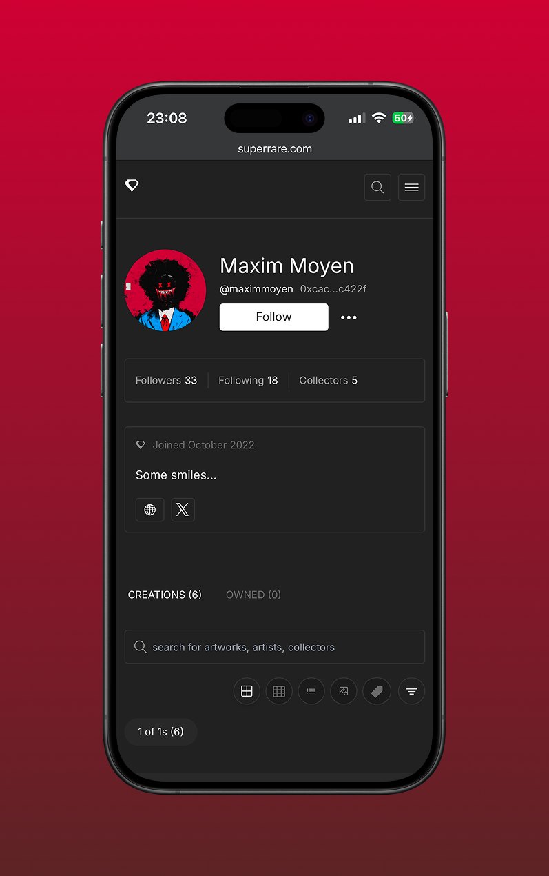 MaximMoyen SuperRare profile shown on a mobile device