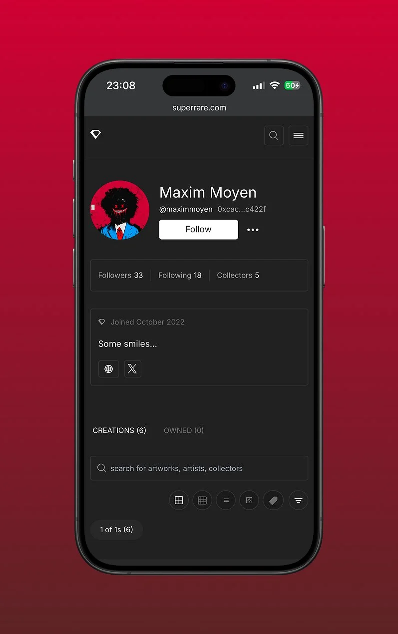MaximMoyen SuperRare profile shown on a mobile device