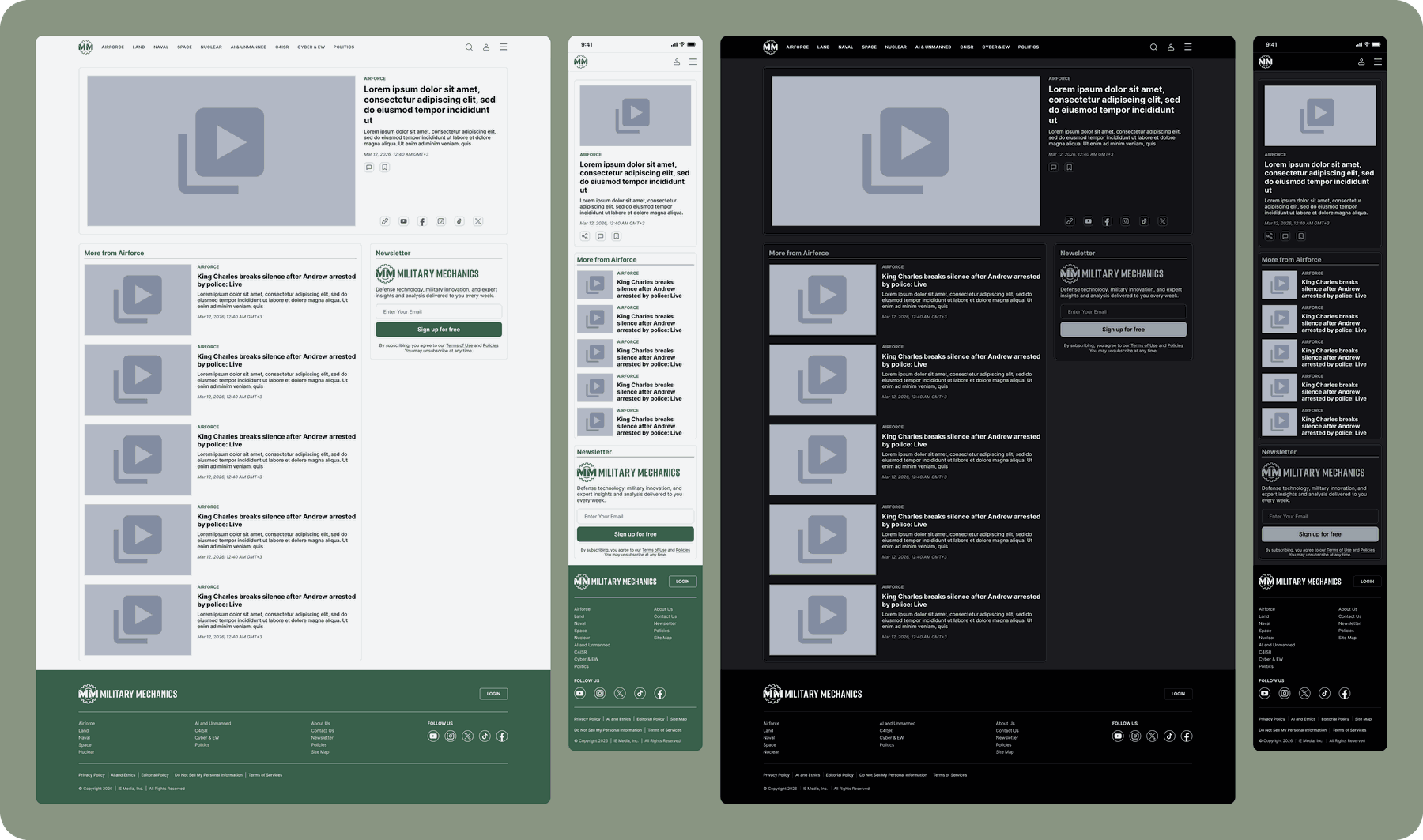 Military Mechanics responsive experience across desktop and mobile, light and dark theme