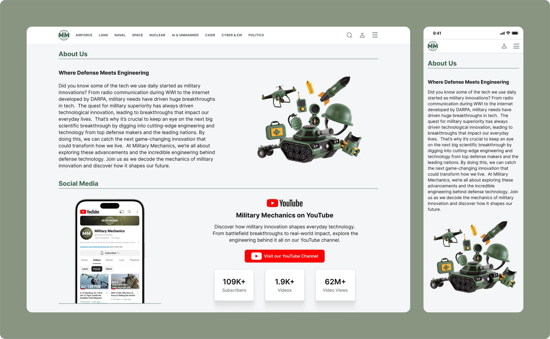 Military Mechanics custom illustration work and YouTube channel section, shown on desktop and mobile
