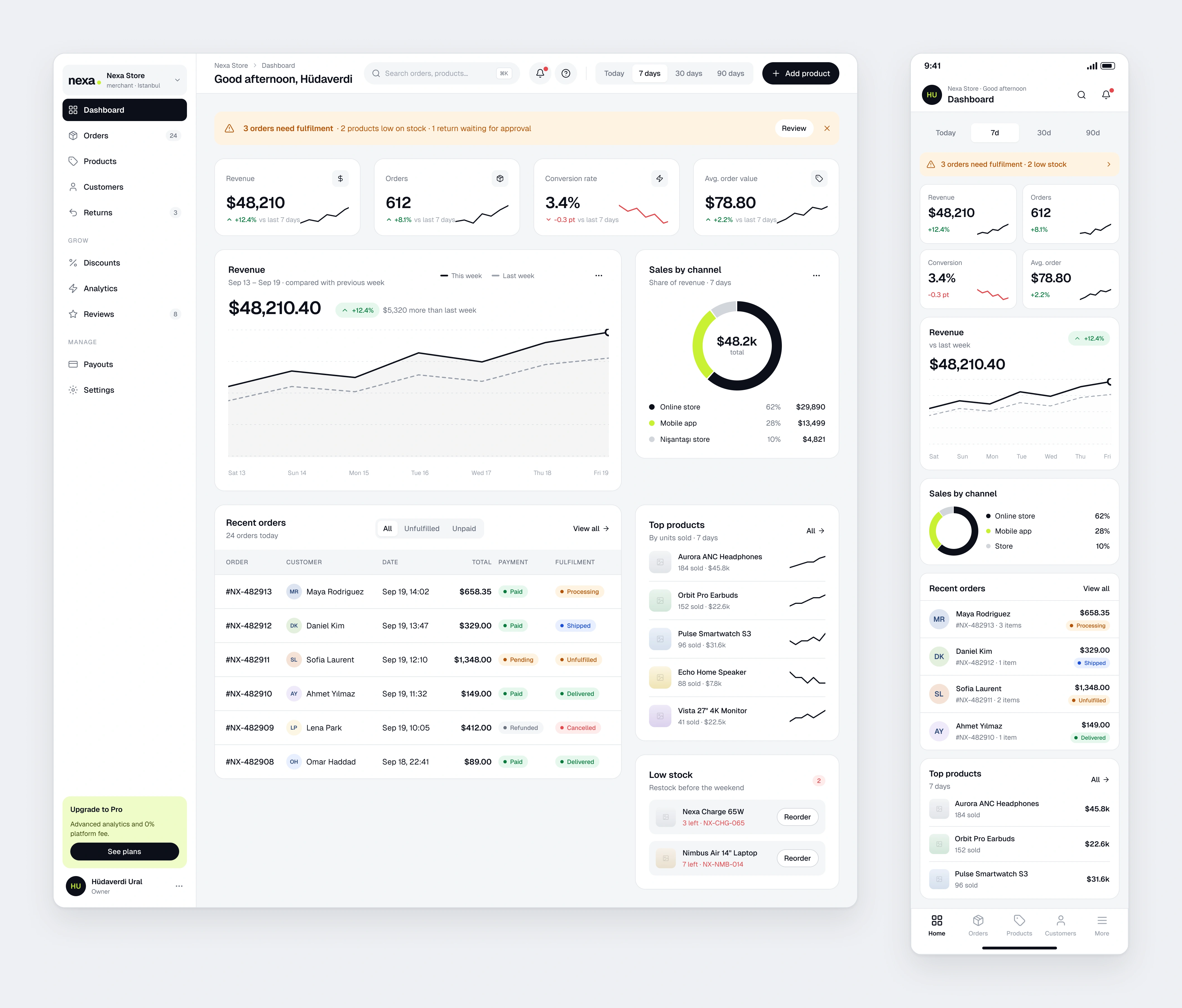 The Nexa Merchant dashboard with alerts, revenue, channels, recent orders and stock warnings