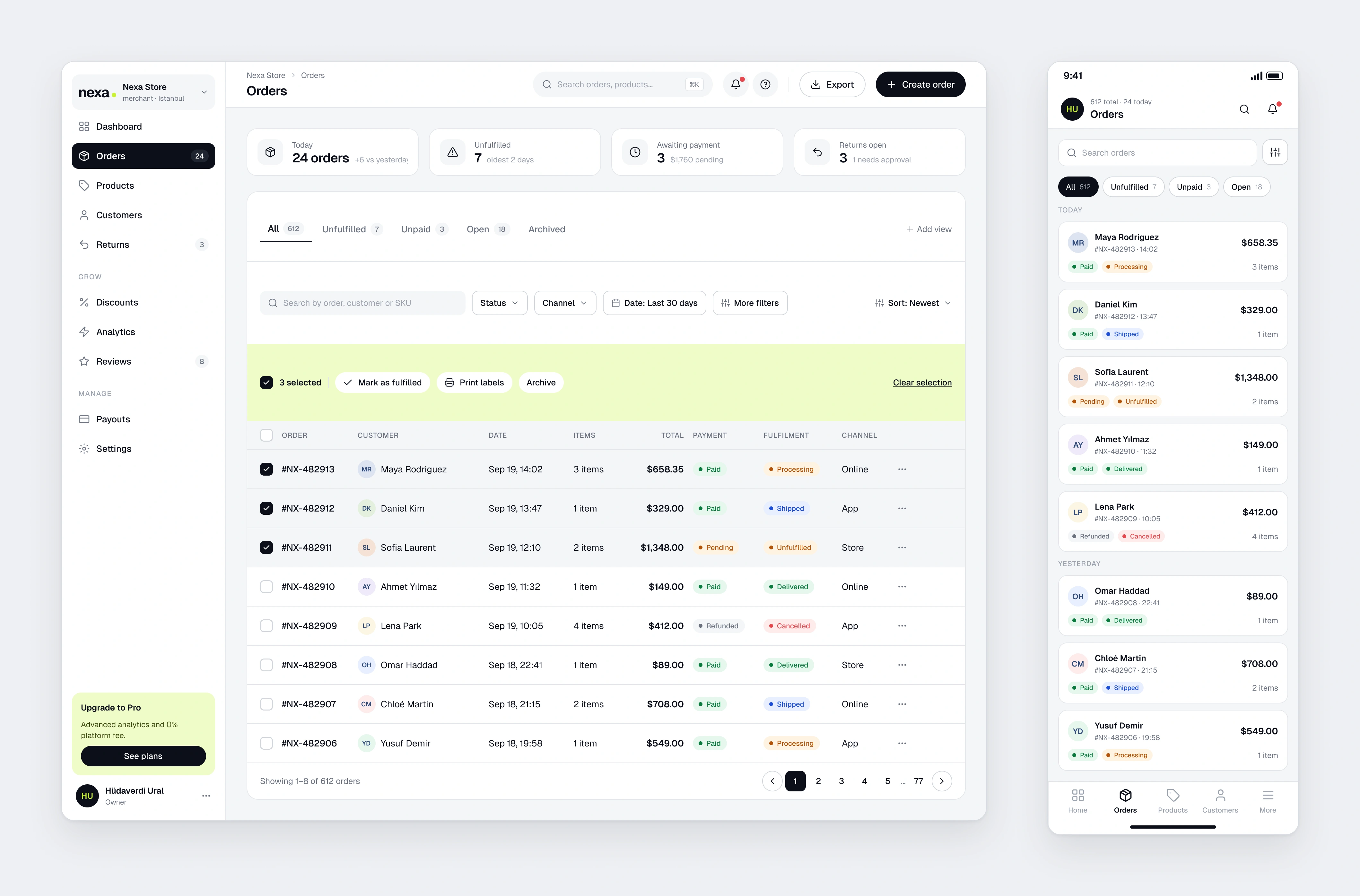 The Nexa Merchant orders list with saved views, filters and a bulk action bar