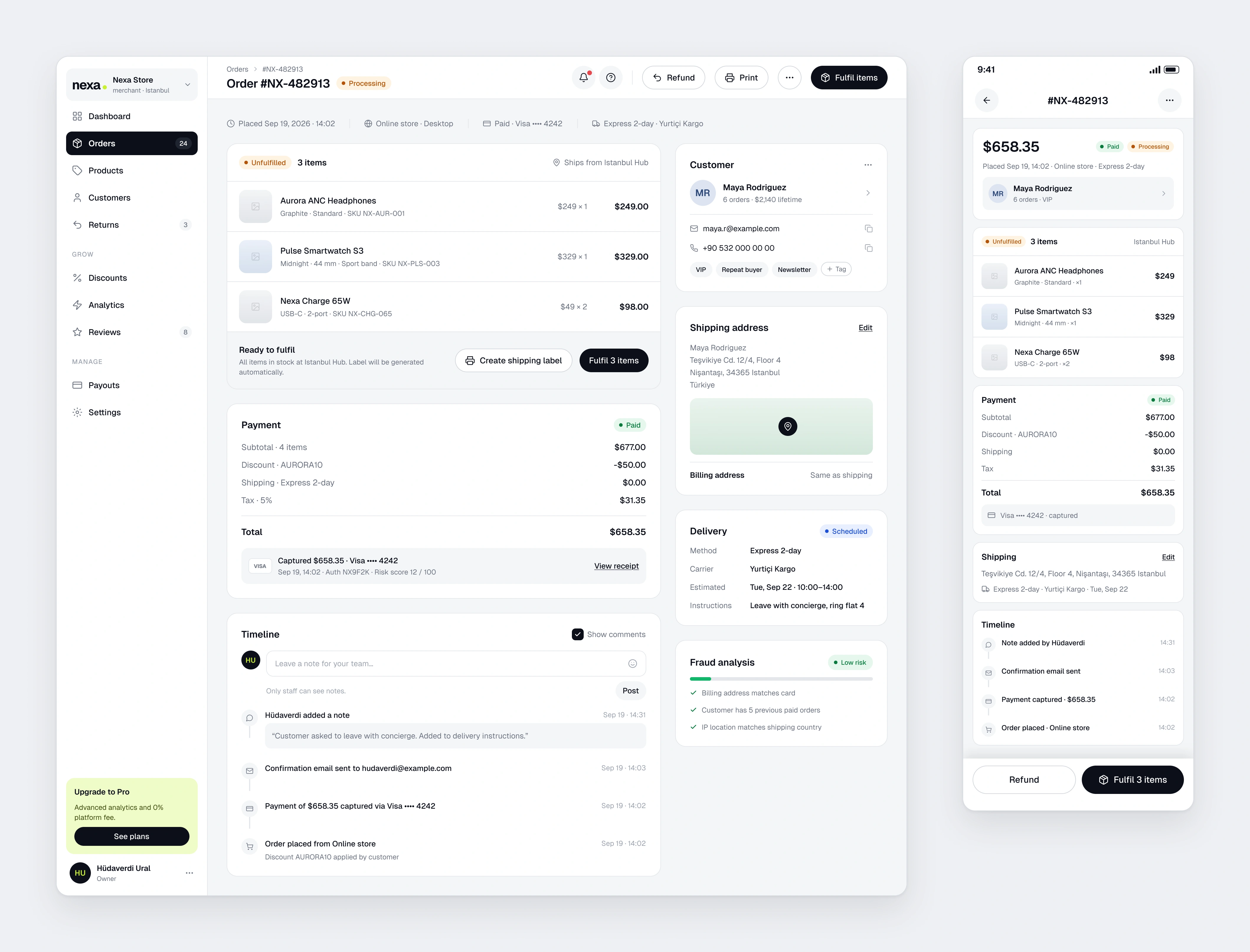 A Nexa Merchant order detail page with items, payment, timeline and customer context