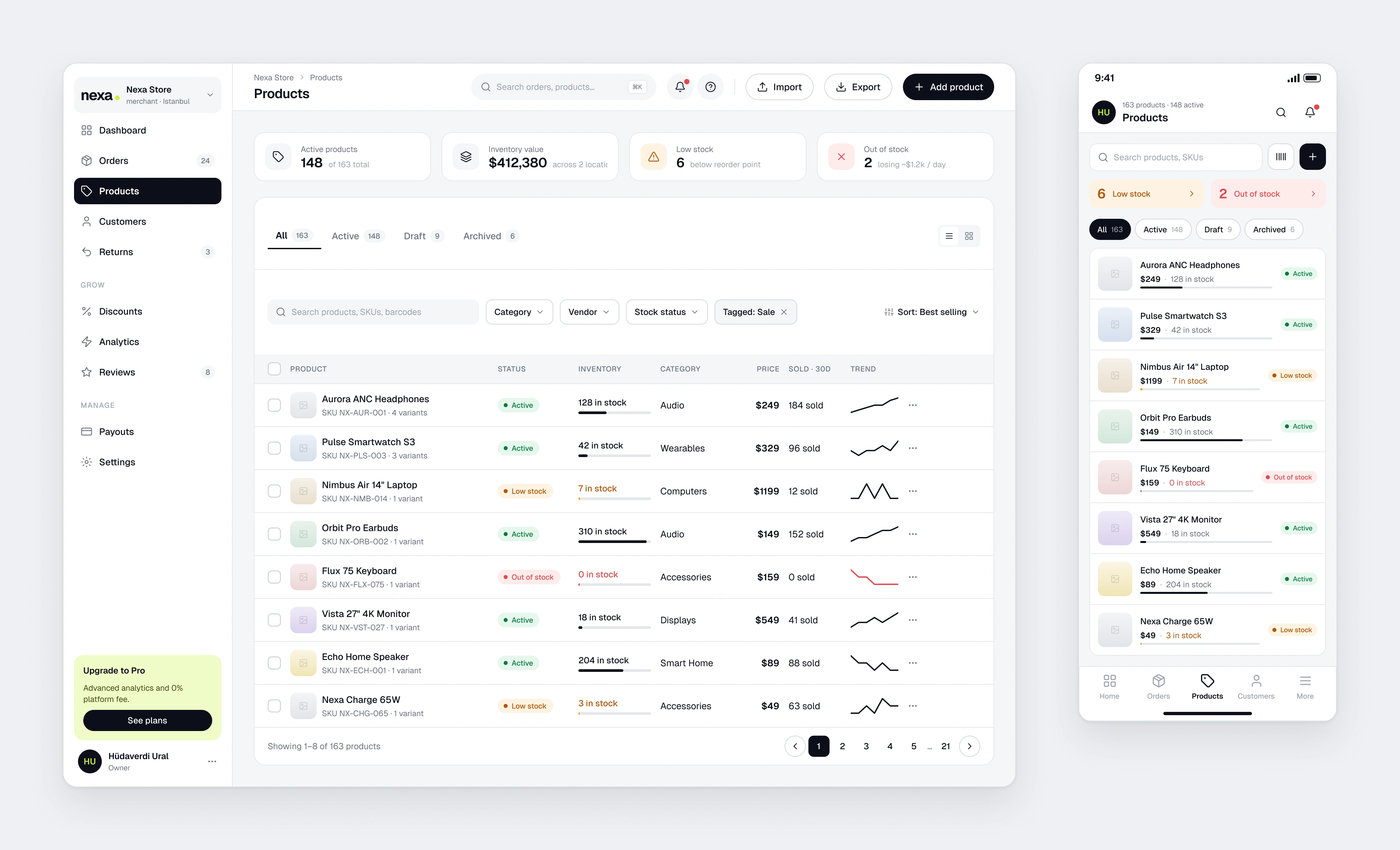 The Nexa Merchant product list with inventory health shown inline