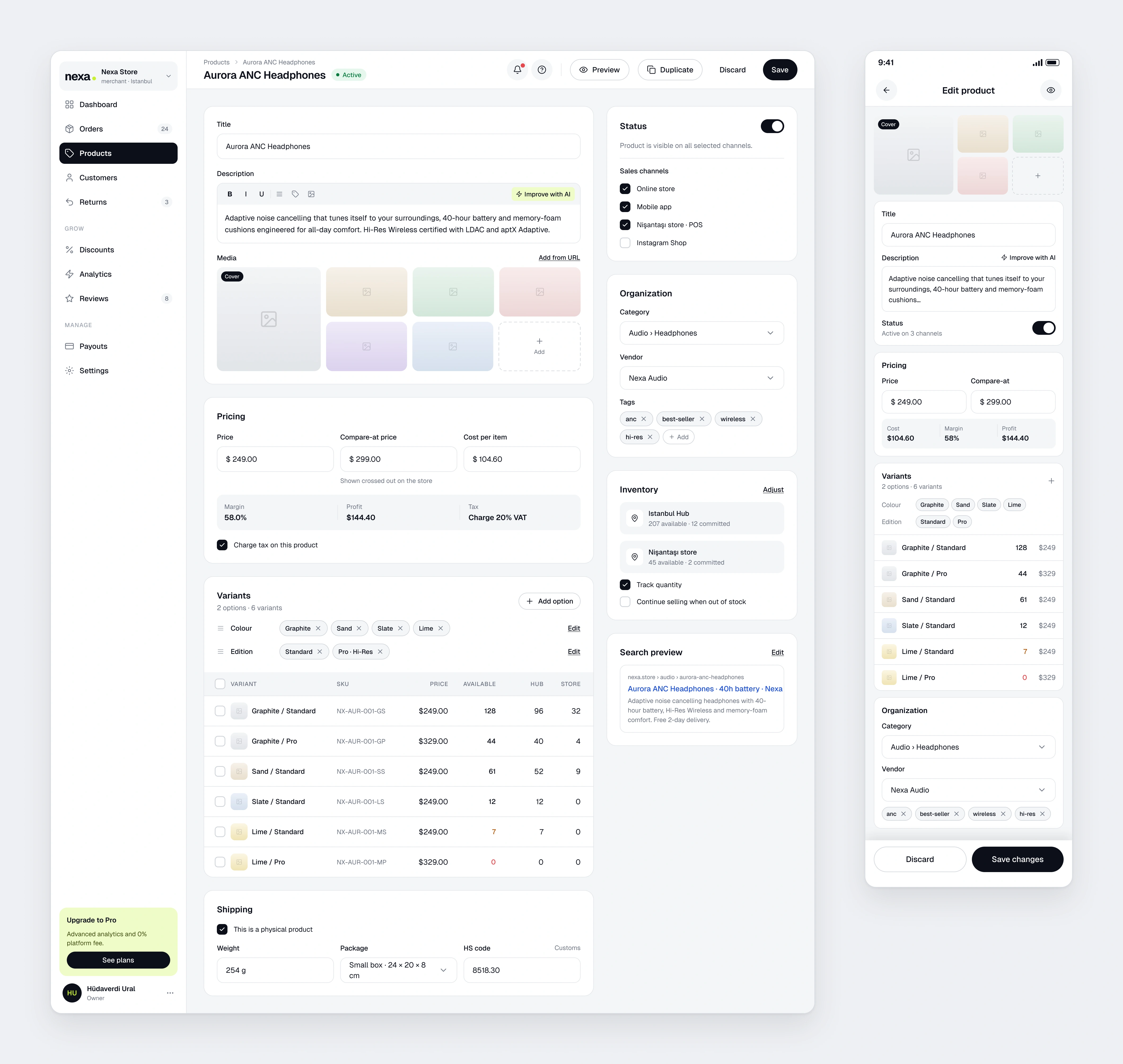 The Nexa Merchant product editor with media, pricing, variants and sales channels