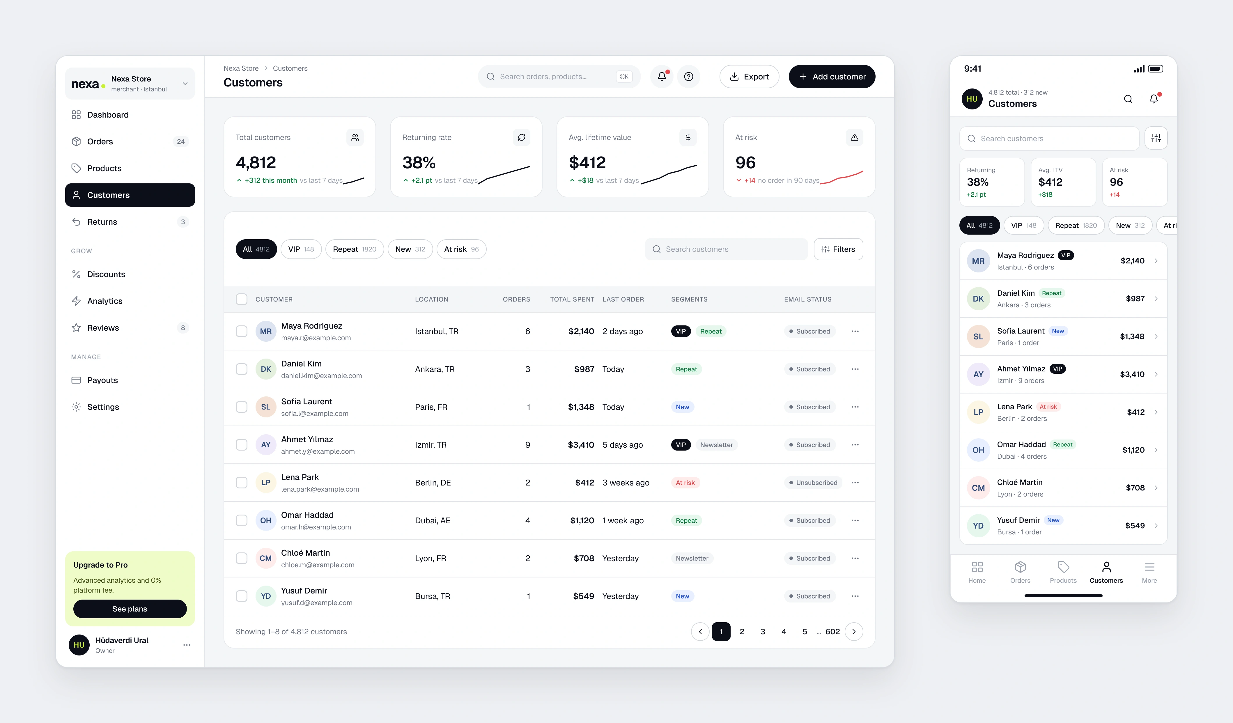 The Nexa Merchant customer list with segments, lifetime value and email status