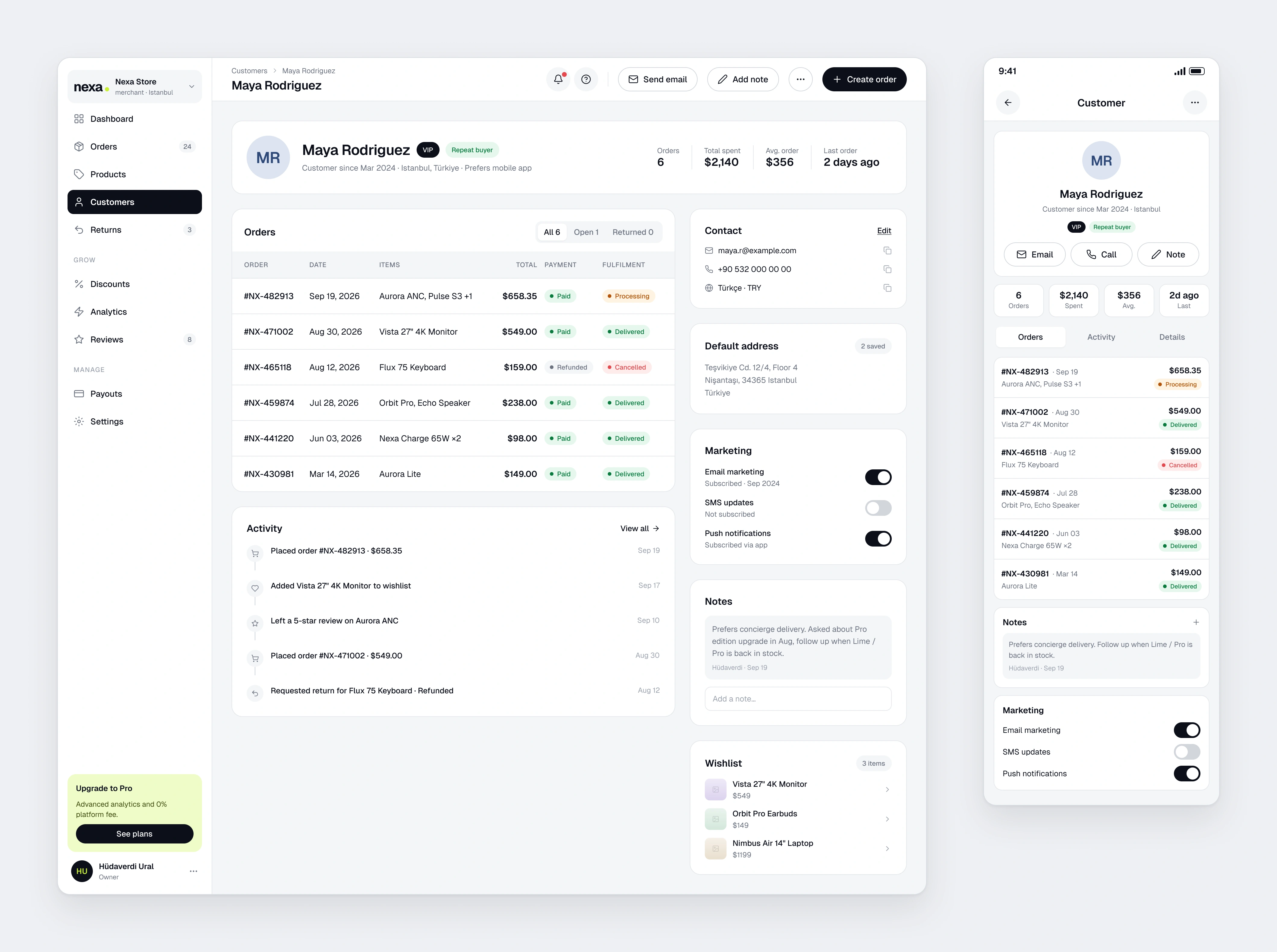 A Nexa Merchant customer detail page with order history, activity and internal notes