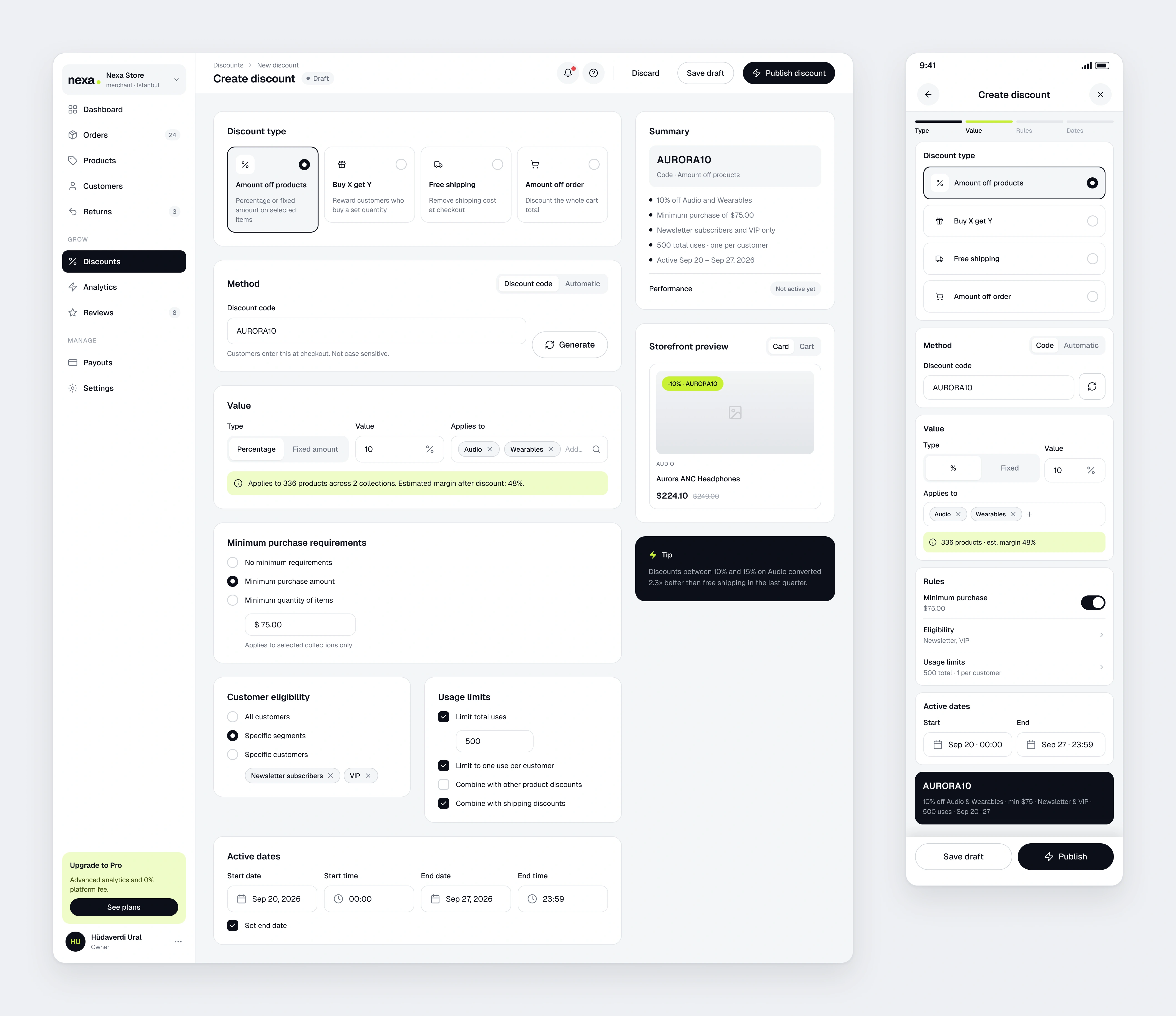 The Nexa Merchant discount builder with a live summary and storefront preview