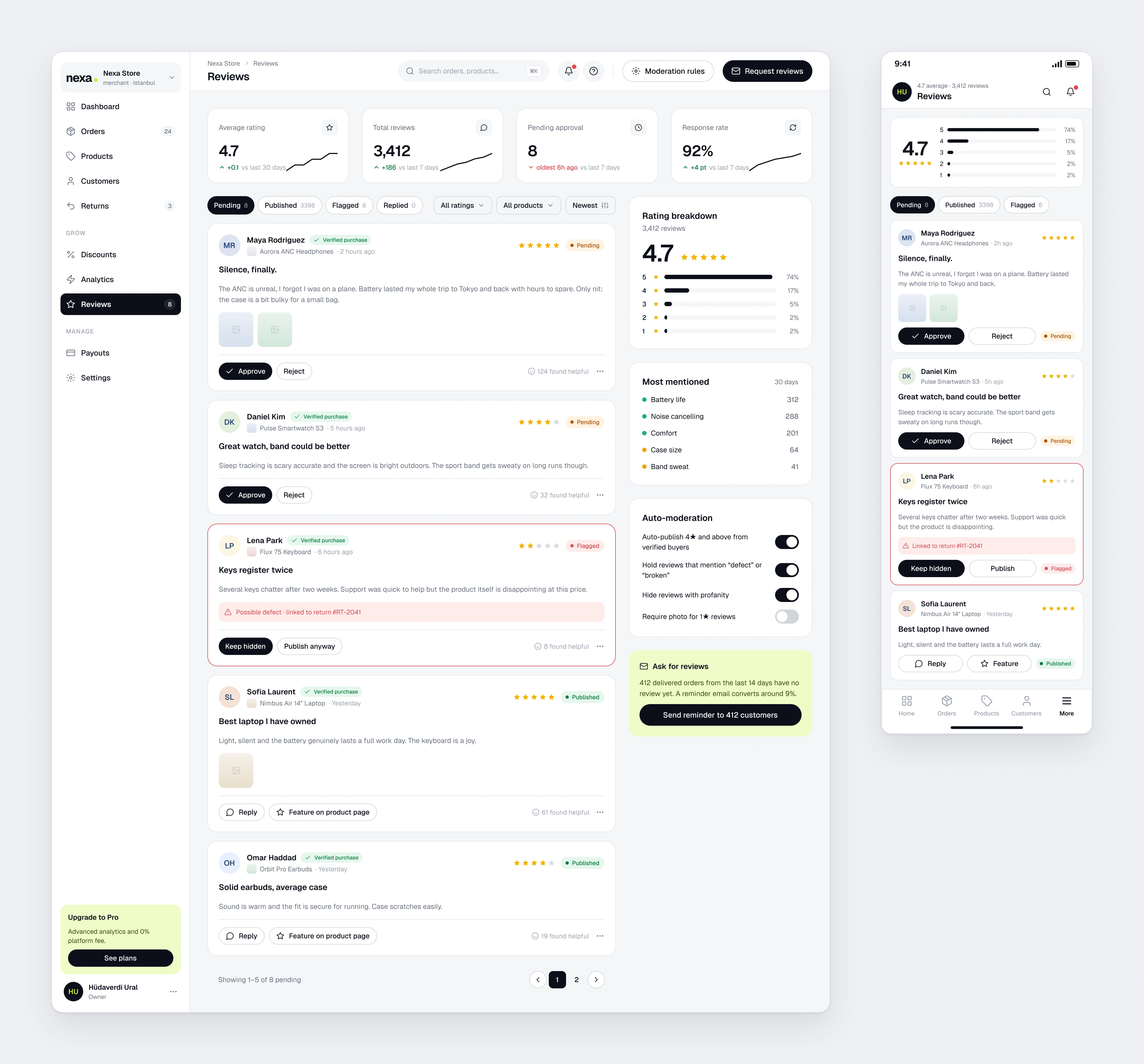 The Nexa Merchant review queue with inline approve and reject actions