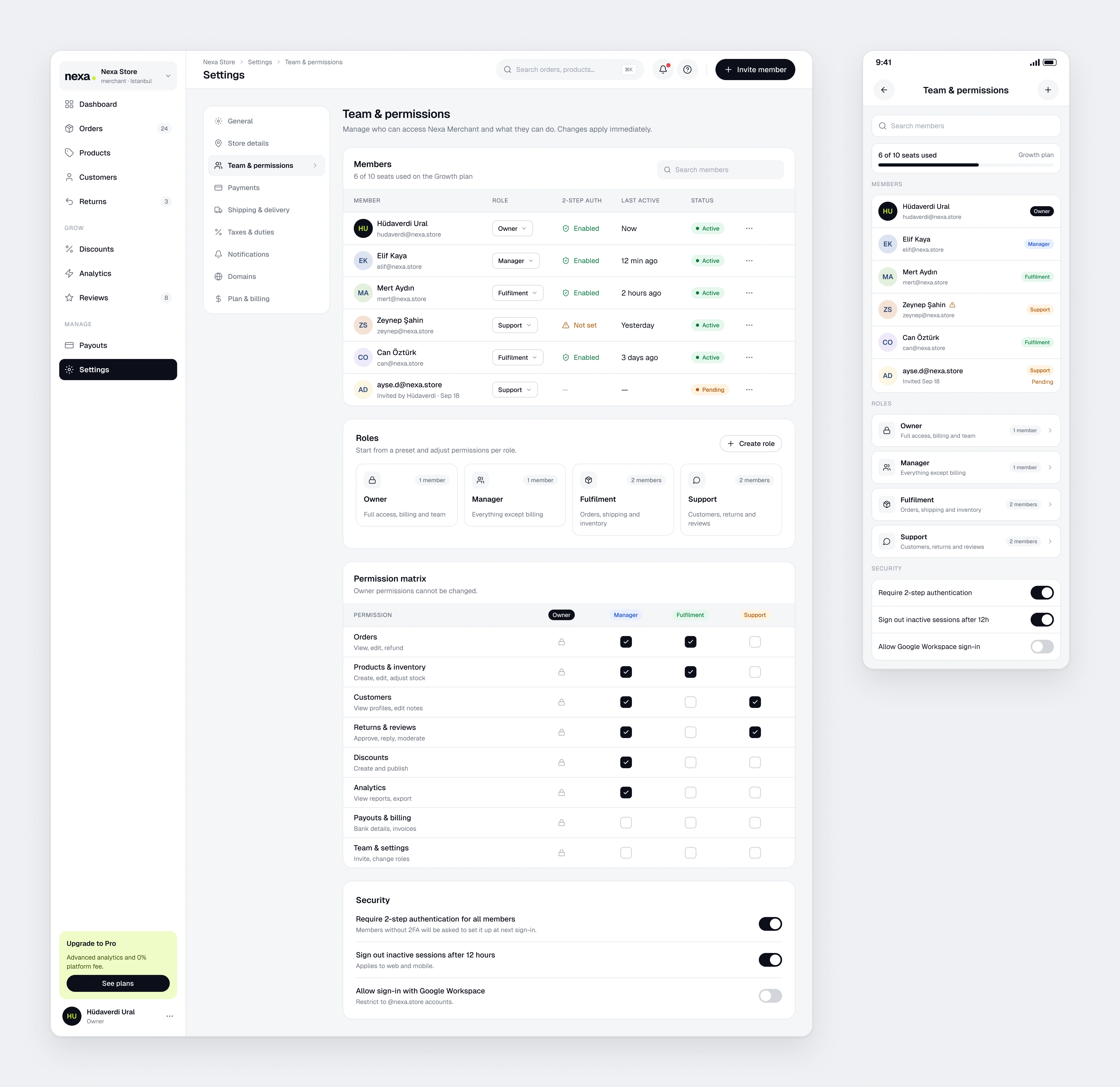 The Nexa Merchant team settings with roles and a permission matrix