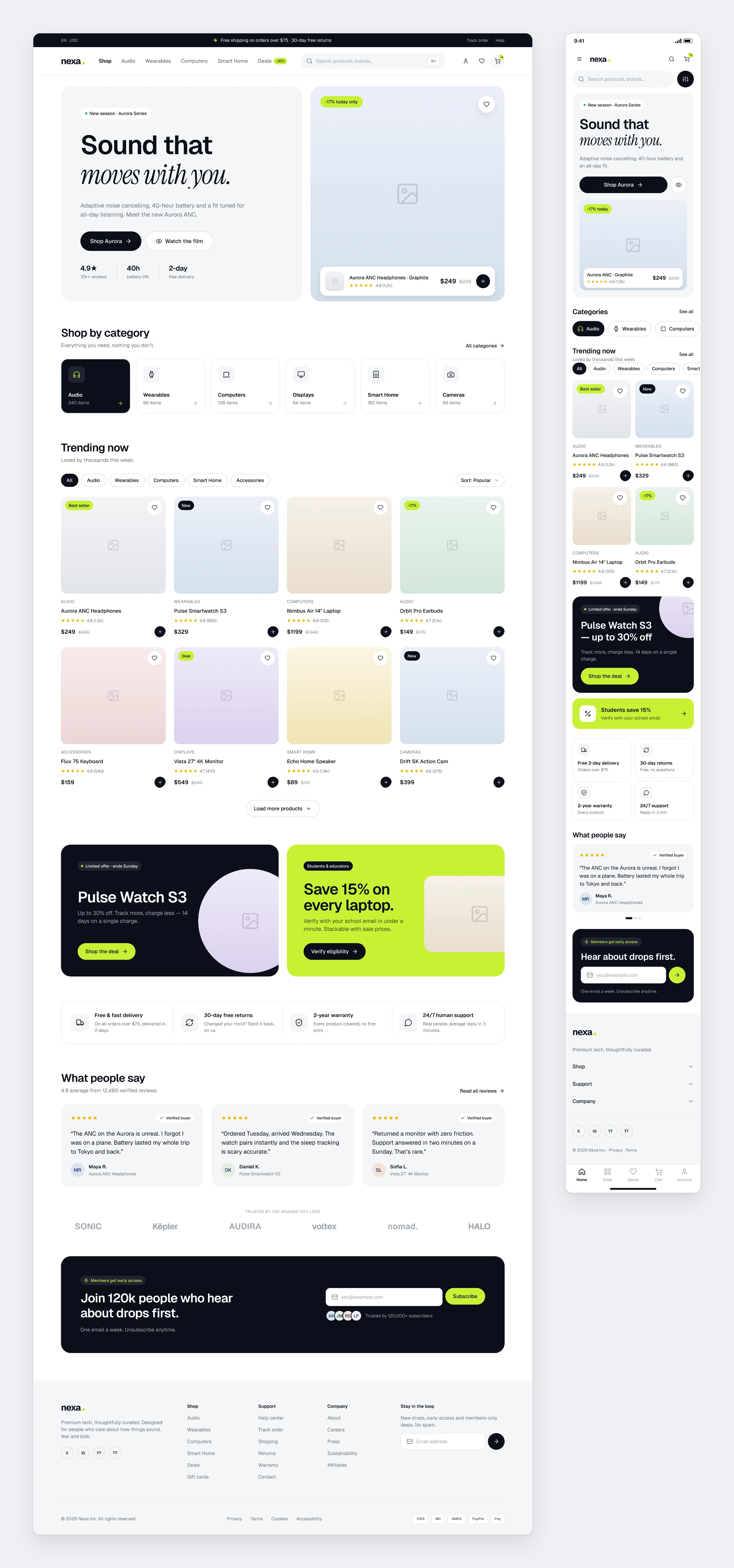 The Nexa home page on desktop and mobile, with the Aurora hero, category tiles and trending products