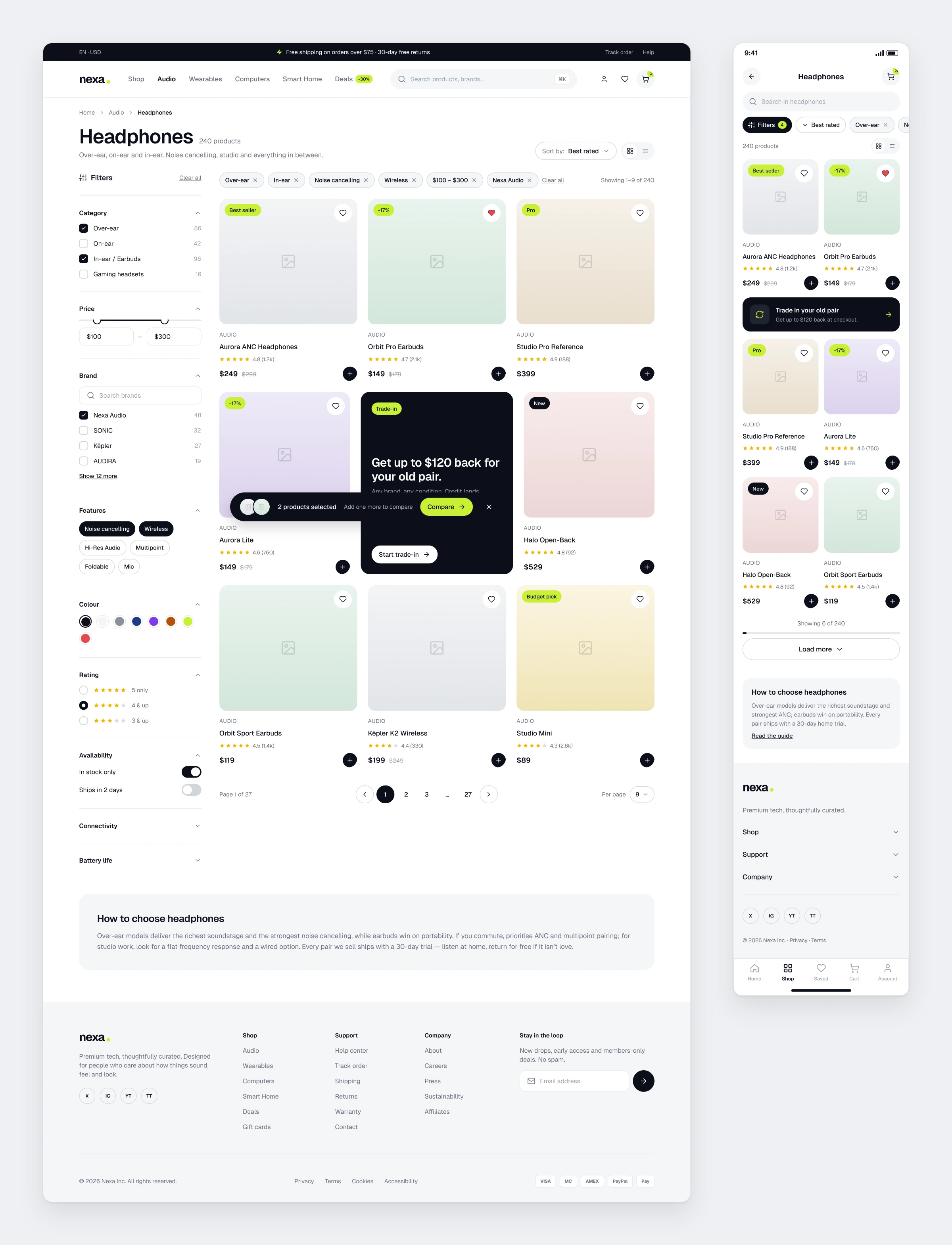 The Nexa category page with a filter panel on the left and a three-column product grid