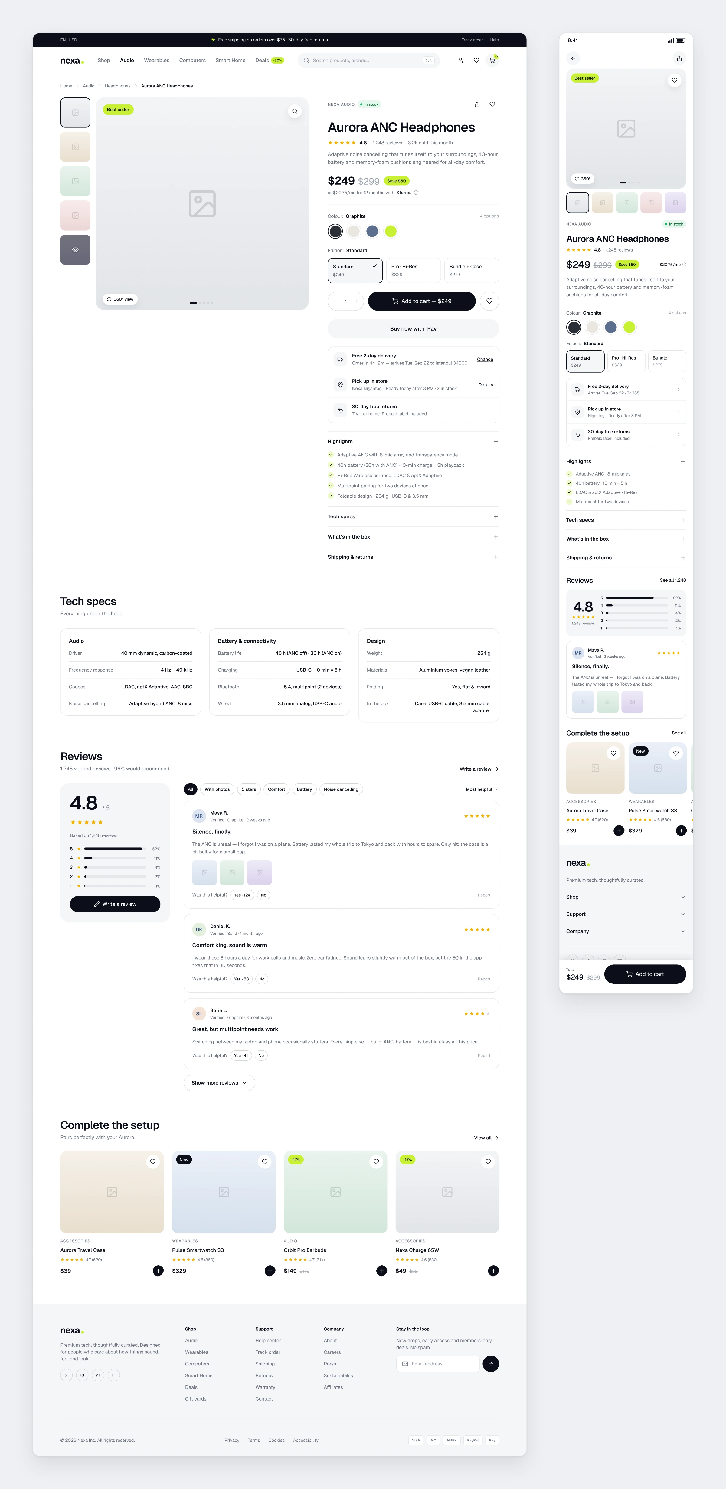 The Nexa product detail page with gallery, colour picker, delivery information and reviews