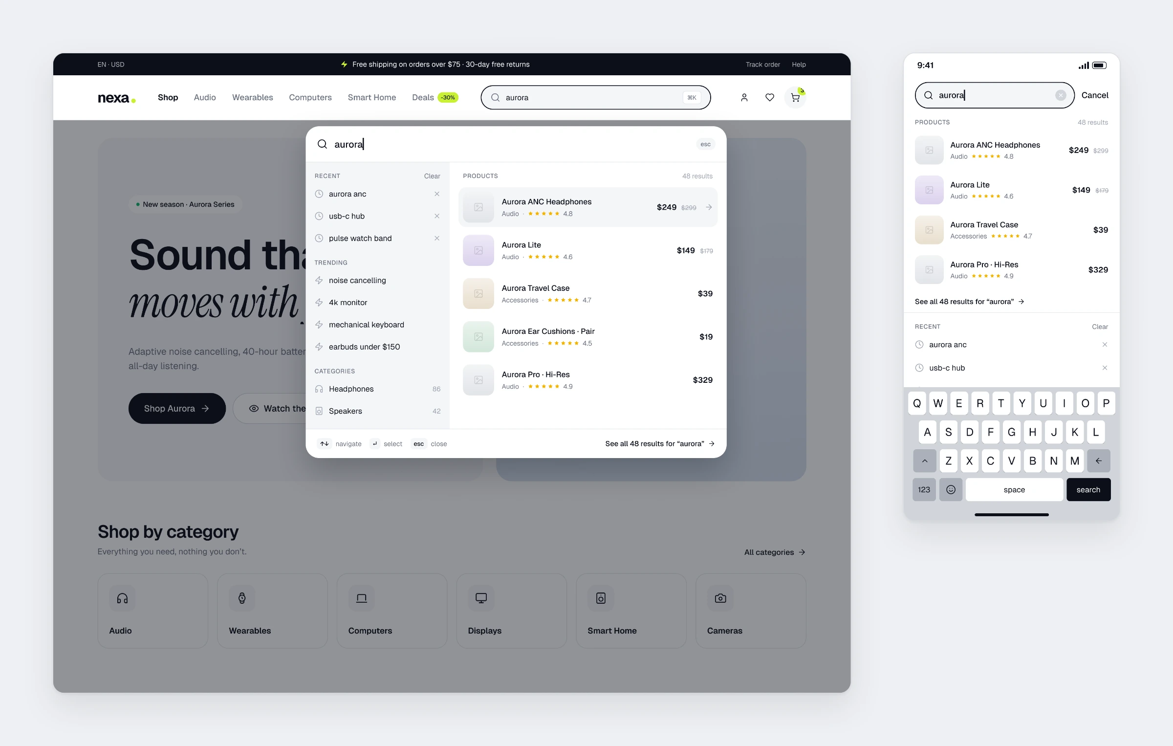 The Nexa search panel showing recent searches, trending terms and product suggestions