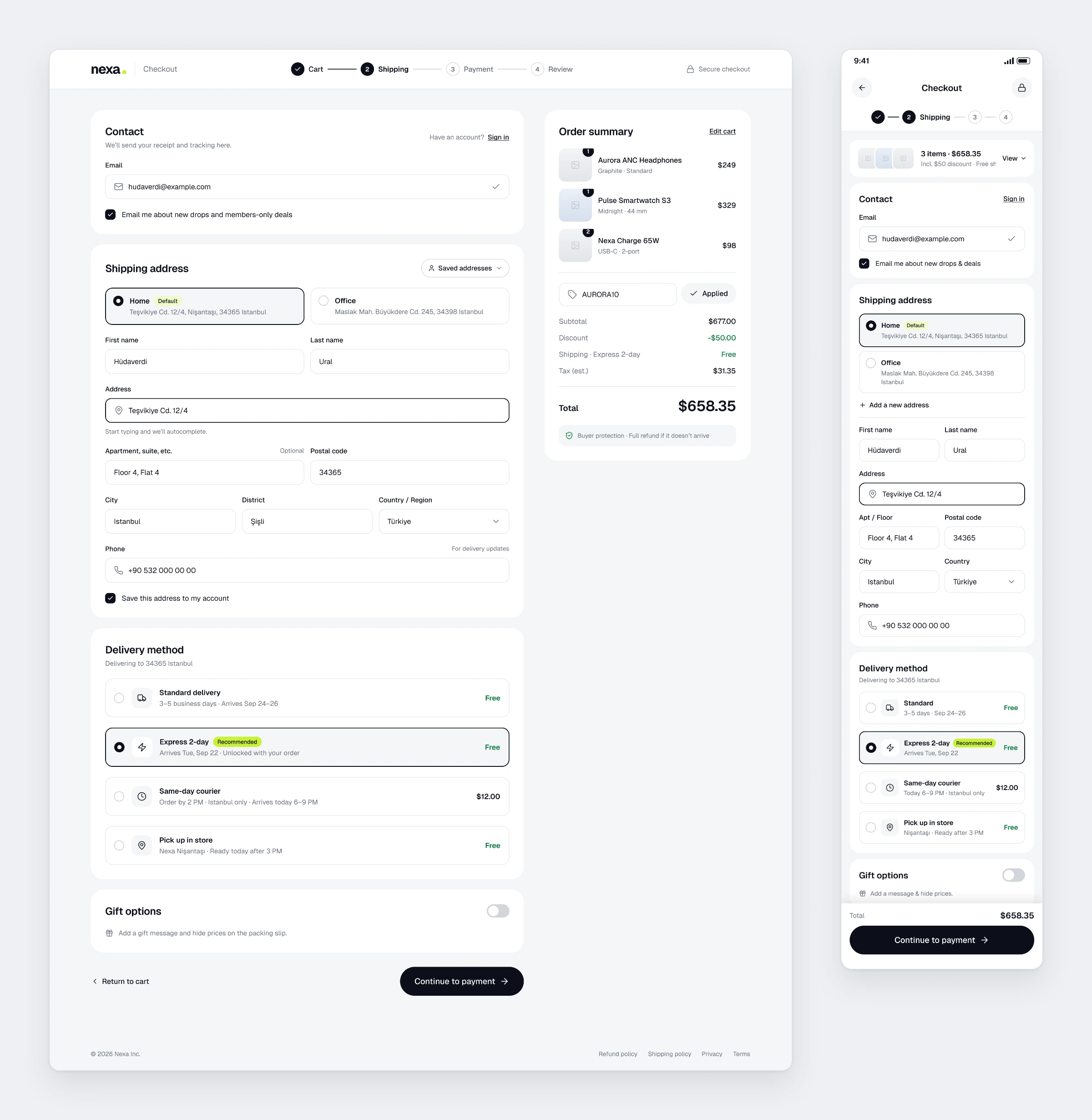 The Nexa checkout shipping step with saved addresses and delivery options