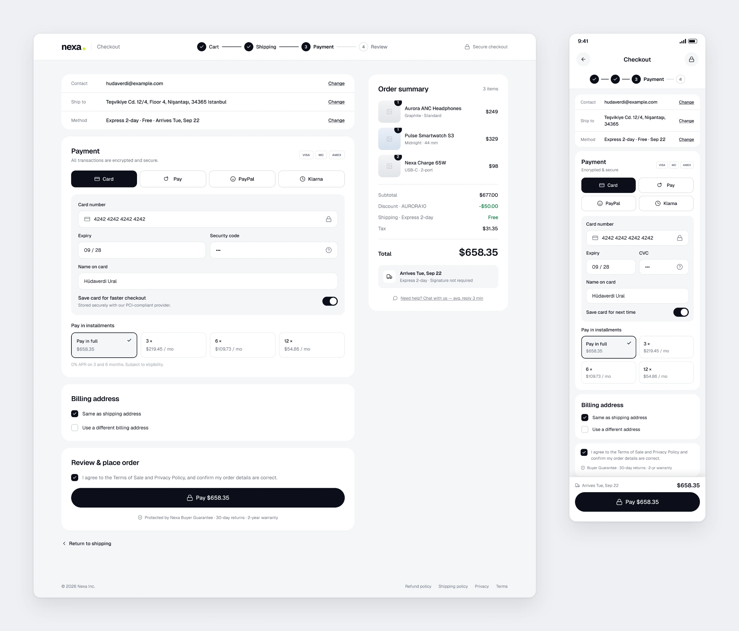 The Nexa checkout payment step with the card form and installment options