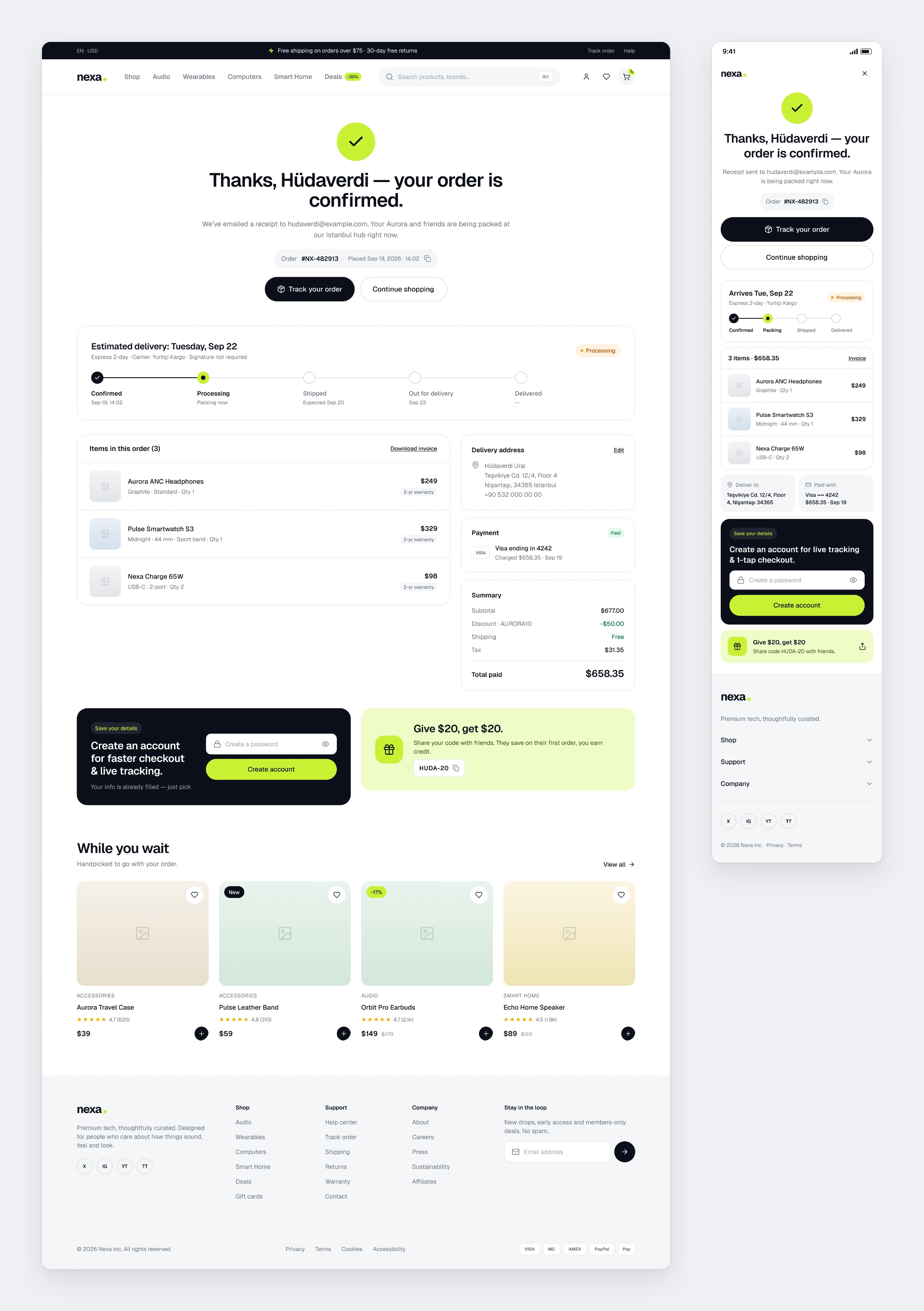 The Nexa order confirmation with a shipping timeline and an offer to create an account