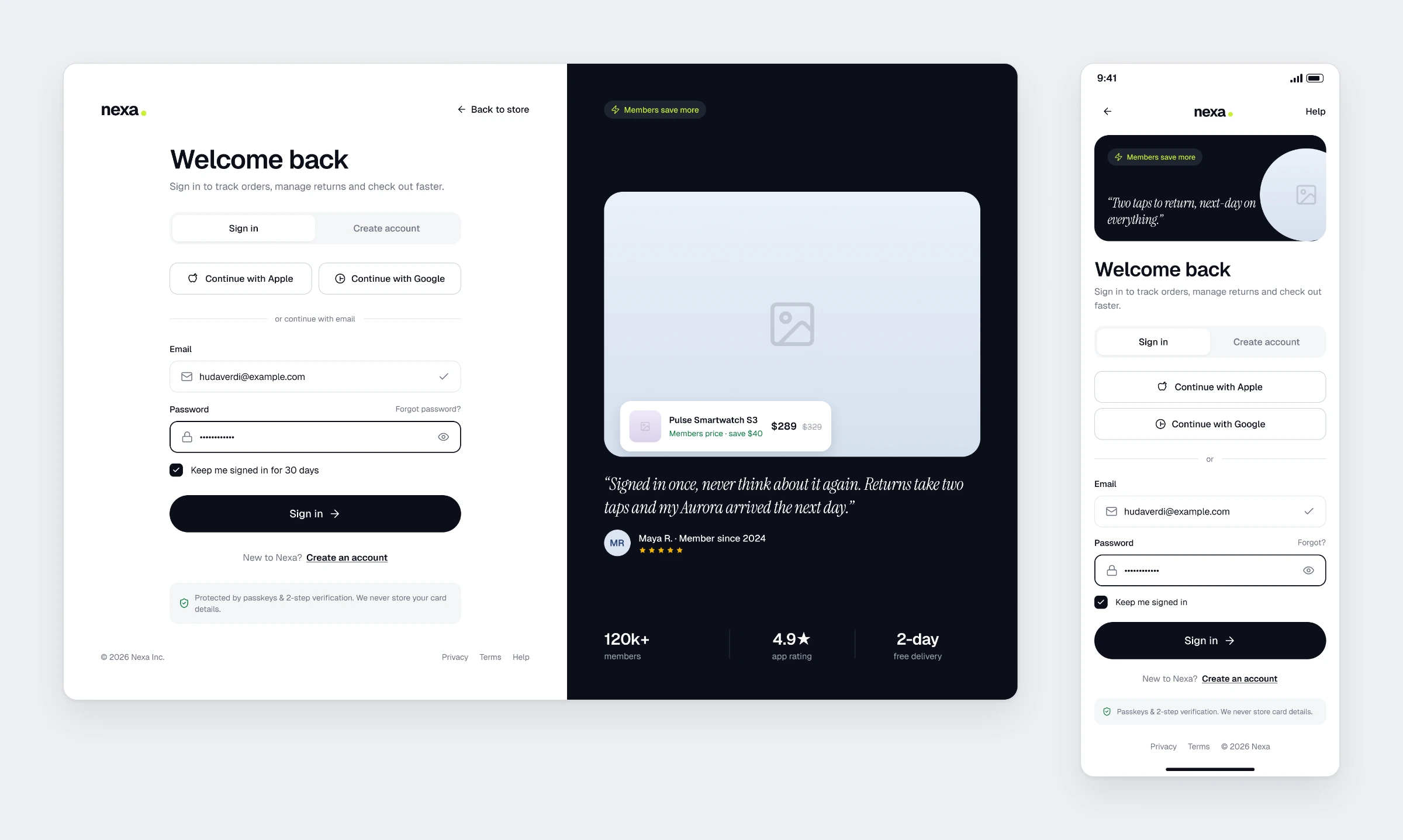 The Nexa sign in screen with social login and a panel of member perks