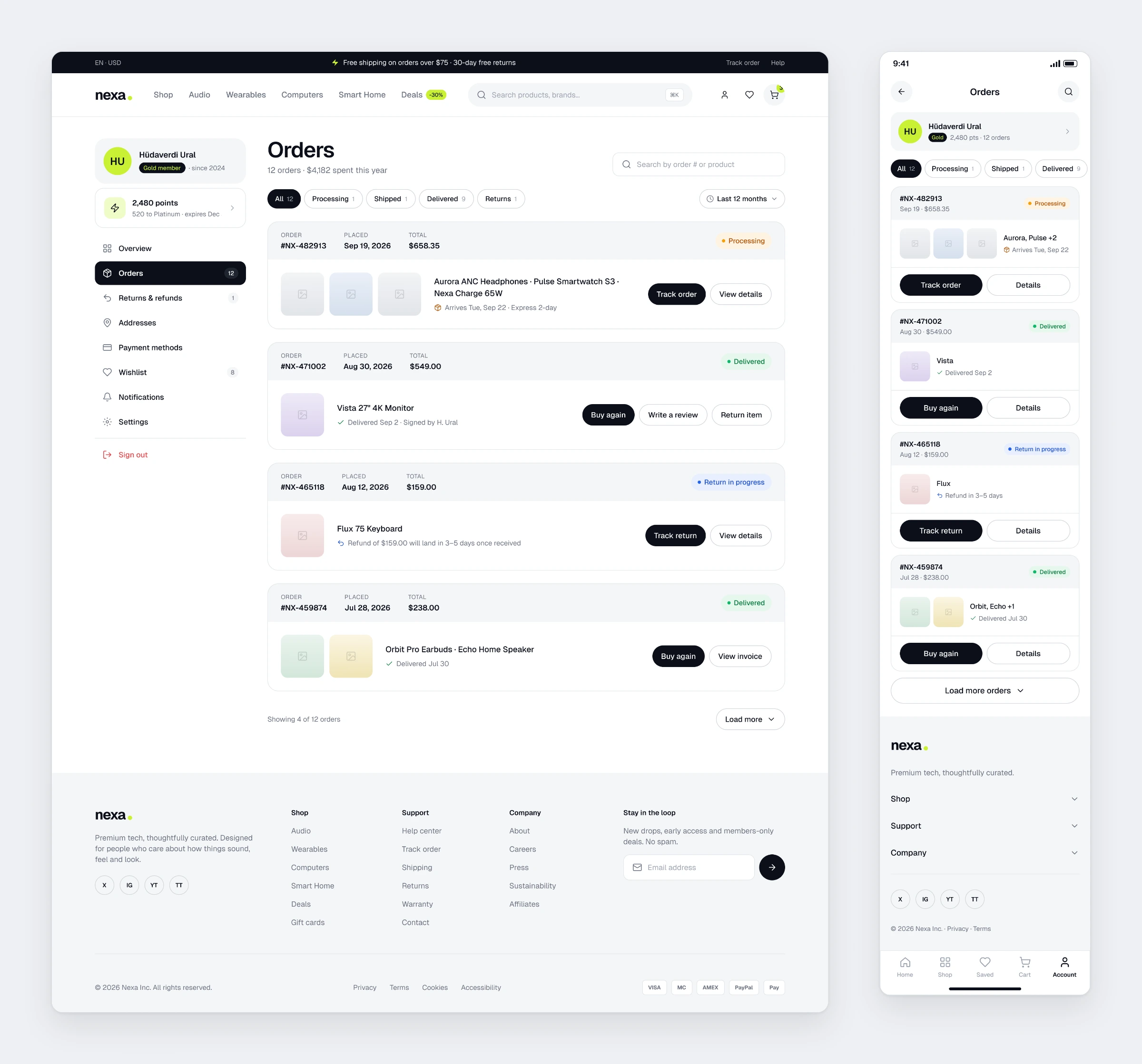 The Nexa account page with order history filtered by status