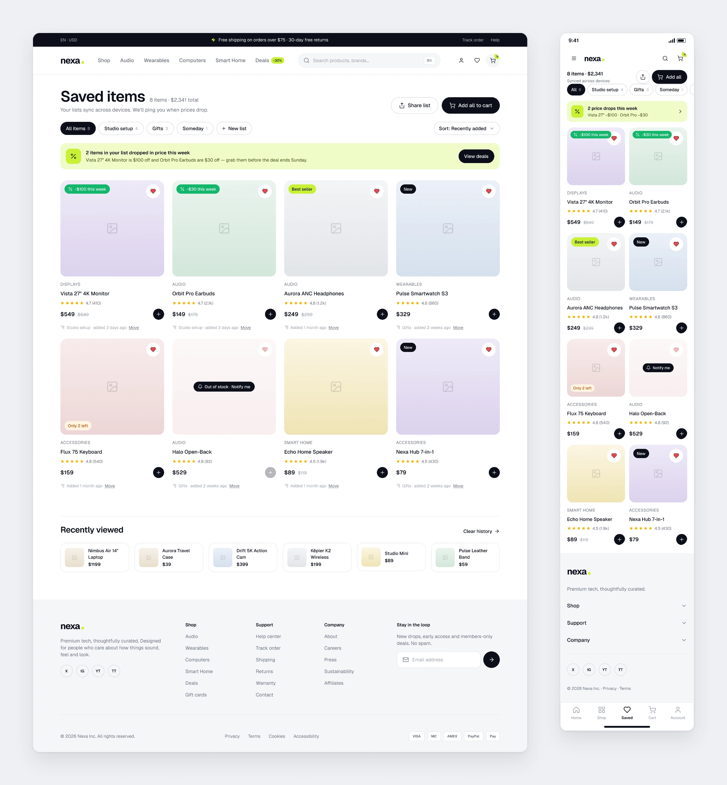 The Nexa wishlist with saved lists, price drop alerts and out of stock notifications