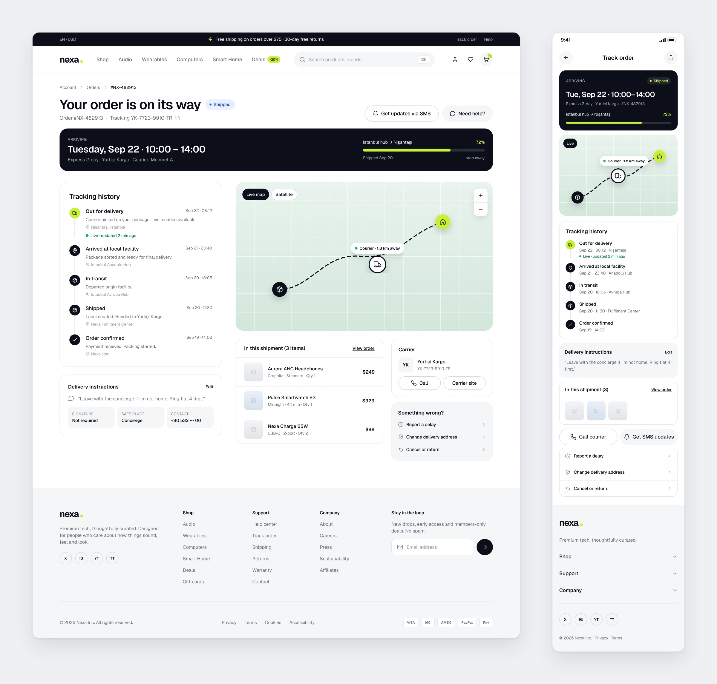 The Nexa order tracking page with a live map and step by step delivery history