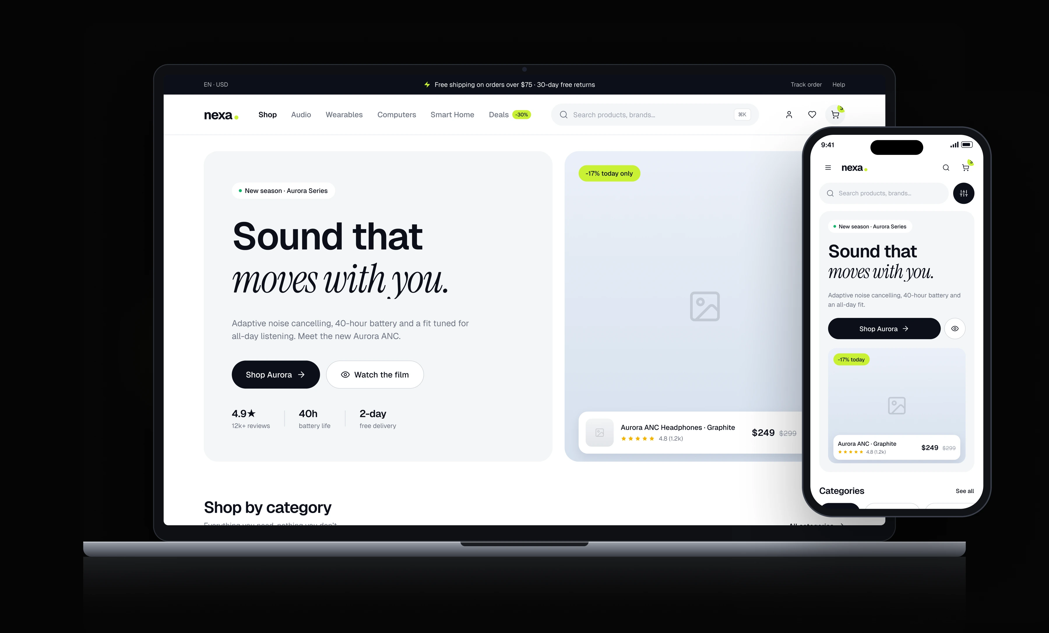 The Nexa store shown on a laptop and a phone, with the Aurora headphones hero