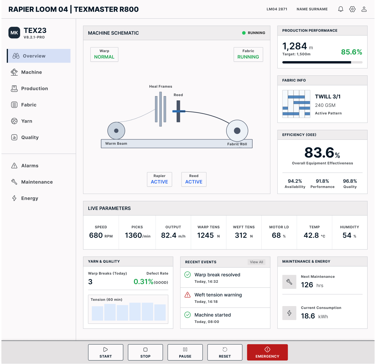 TEX23 rapier loom dashboard with a machine schematic, live parameters and an event list