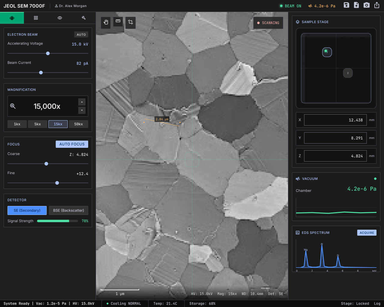 SEM 7000F microscope interface with the live image in the centre and beam, stage and vacuum controls on the sides
