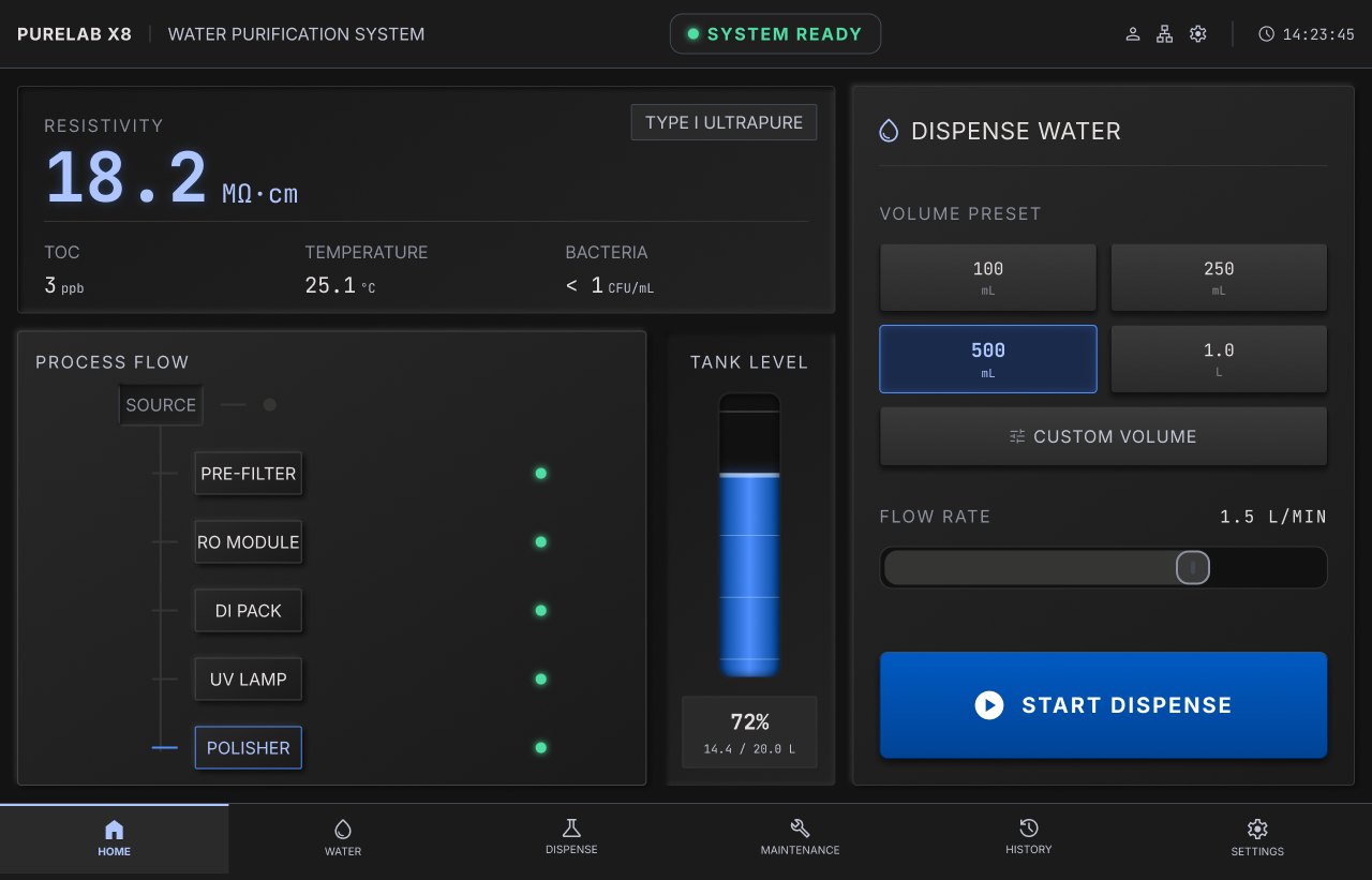 PURELAB X8 water purification panel with water quality readings, the process chain and dispense presets