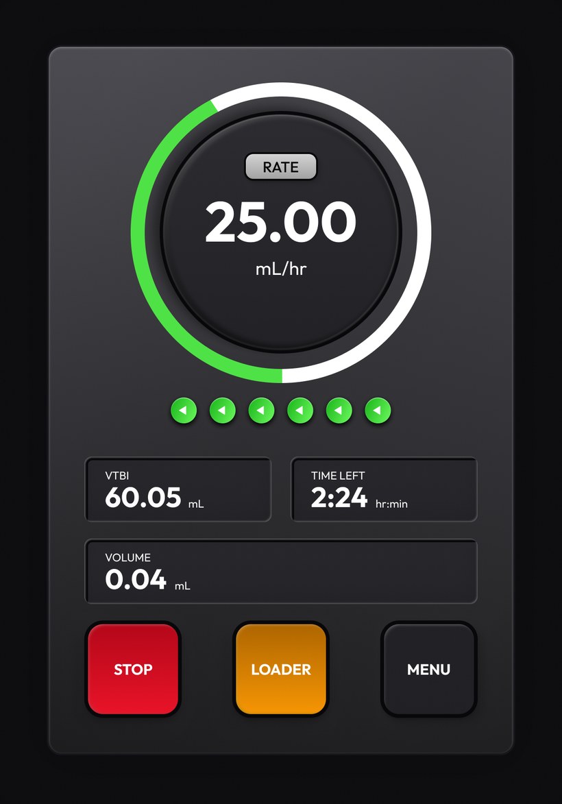 Standalone syringe pump panel with a rate dial, volume readouts and stop, loader and menu buttons