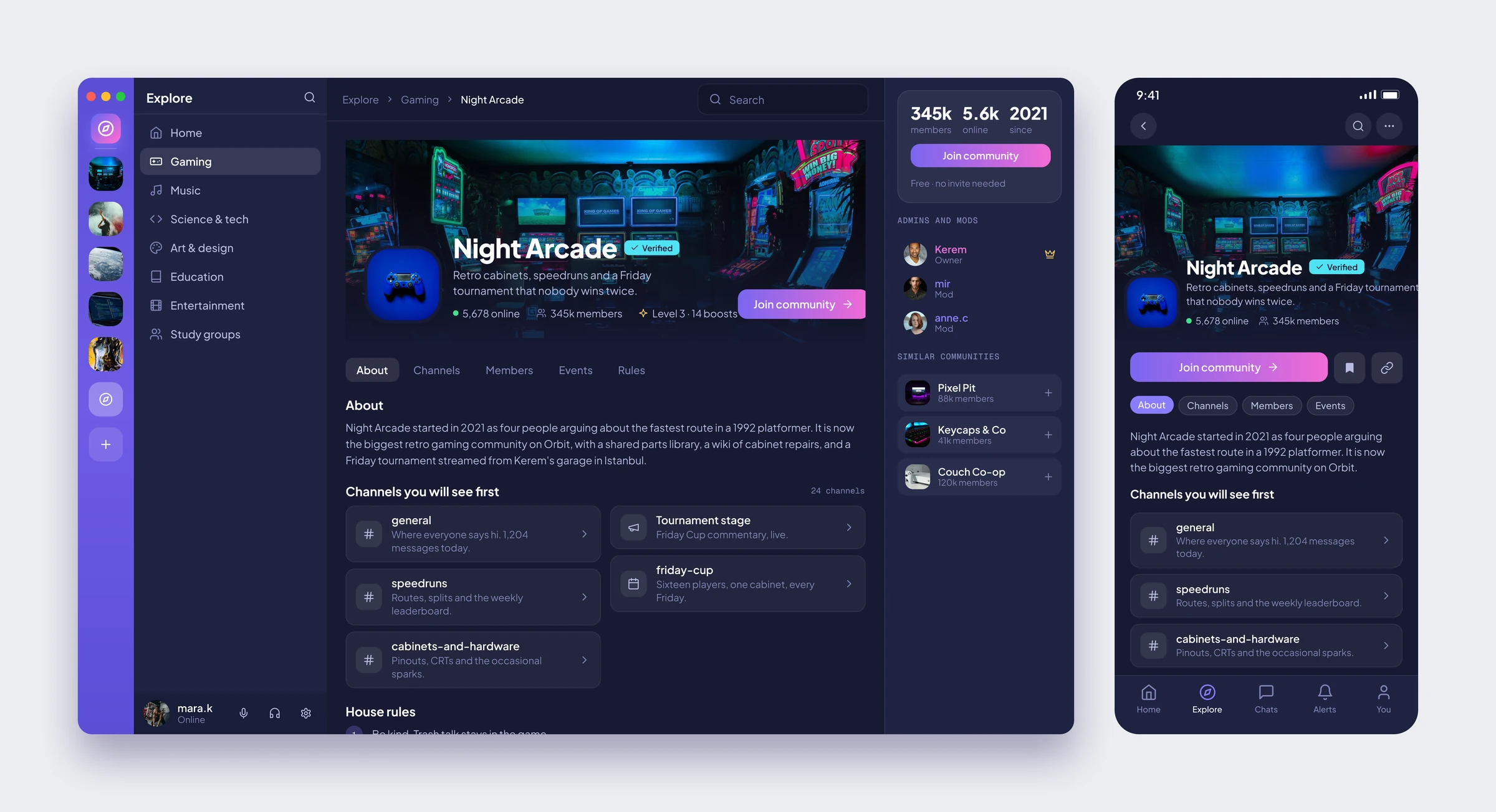 Night Arcade topluluk sayfası: kapak görseli, doğrulanmış rozeti, moderatörler, ilk kanallar ve katıl butonu