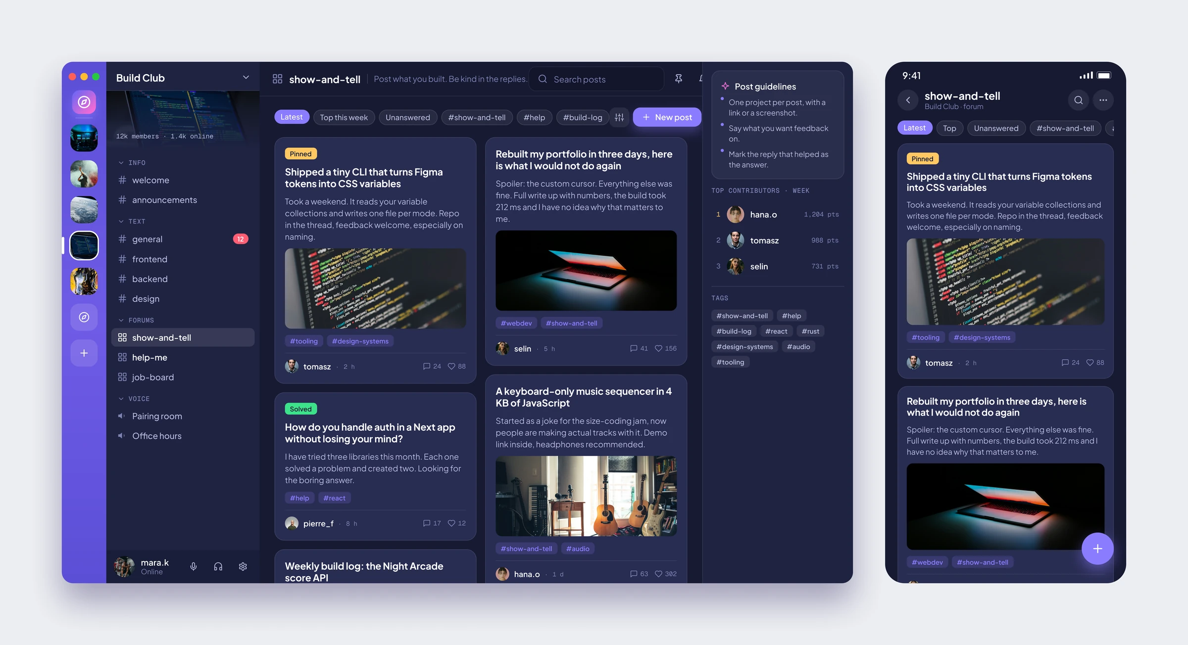 Orbit forum kanalı: iki kolonda başlıklar, etiketler, yanıt sayıları ve paylaşım kuralları