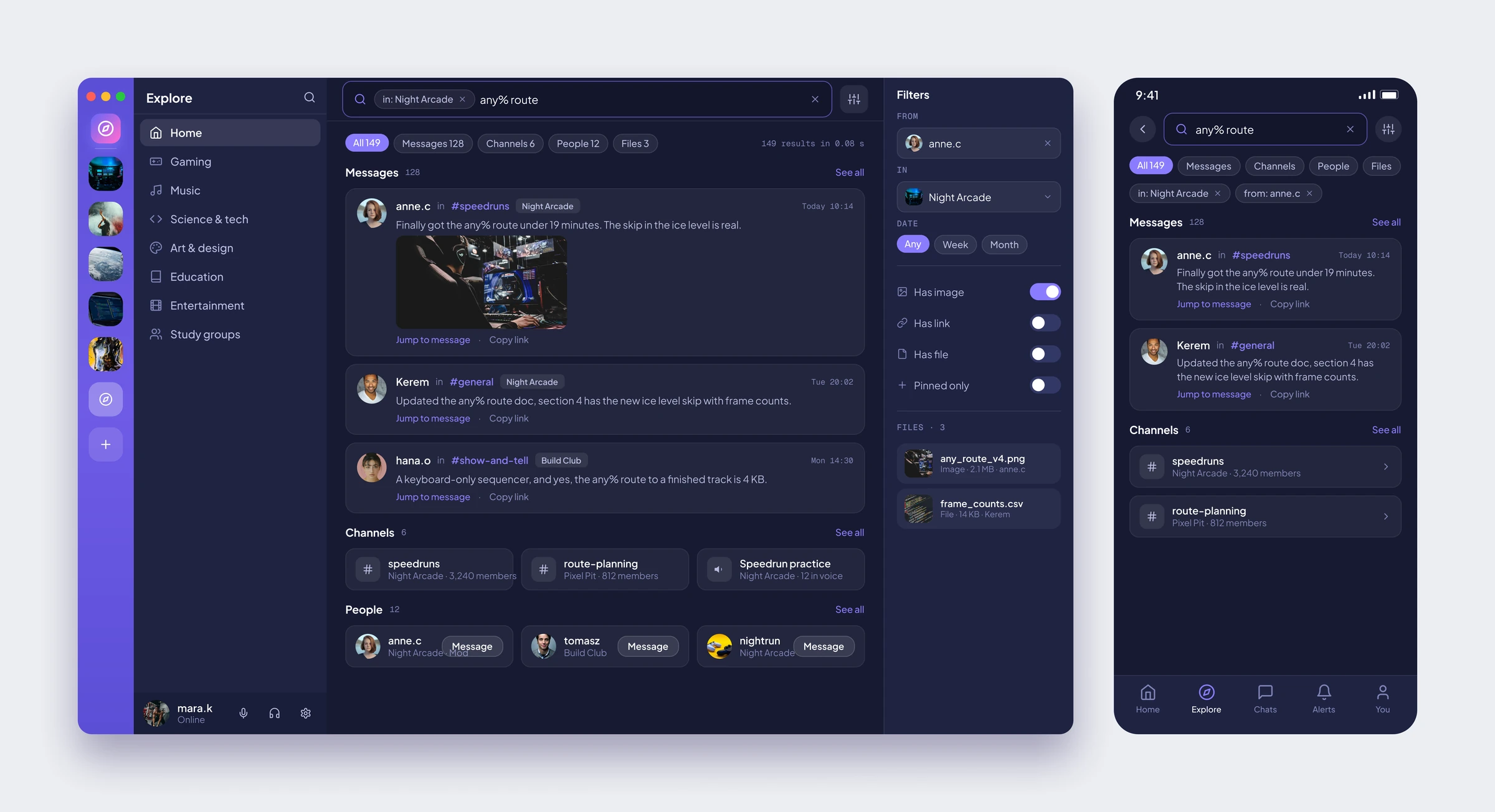 Orbit araması: arama kutusunda filtre çipleri, mesaj sonuçları, kanallar, kişiler ve filtre paneli