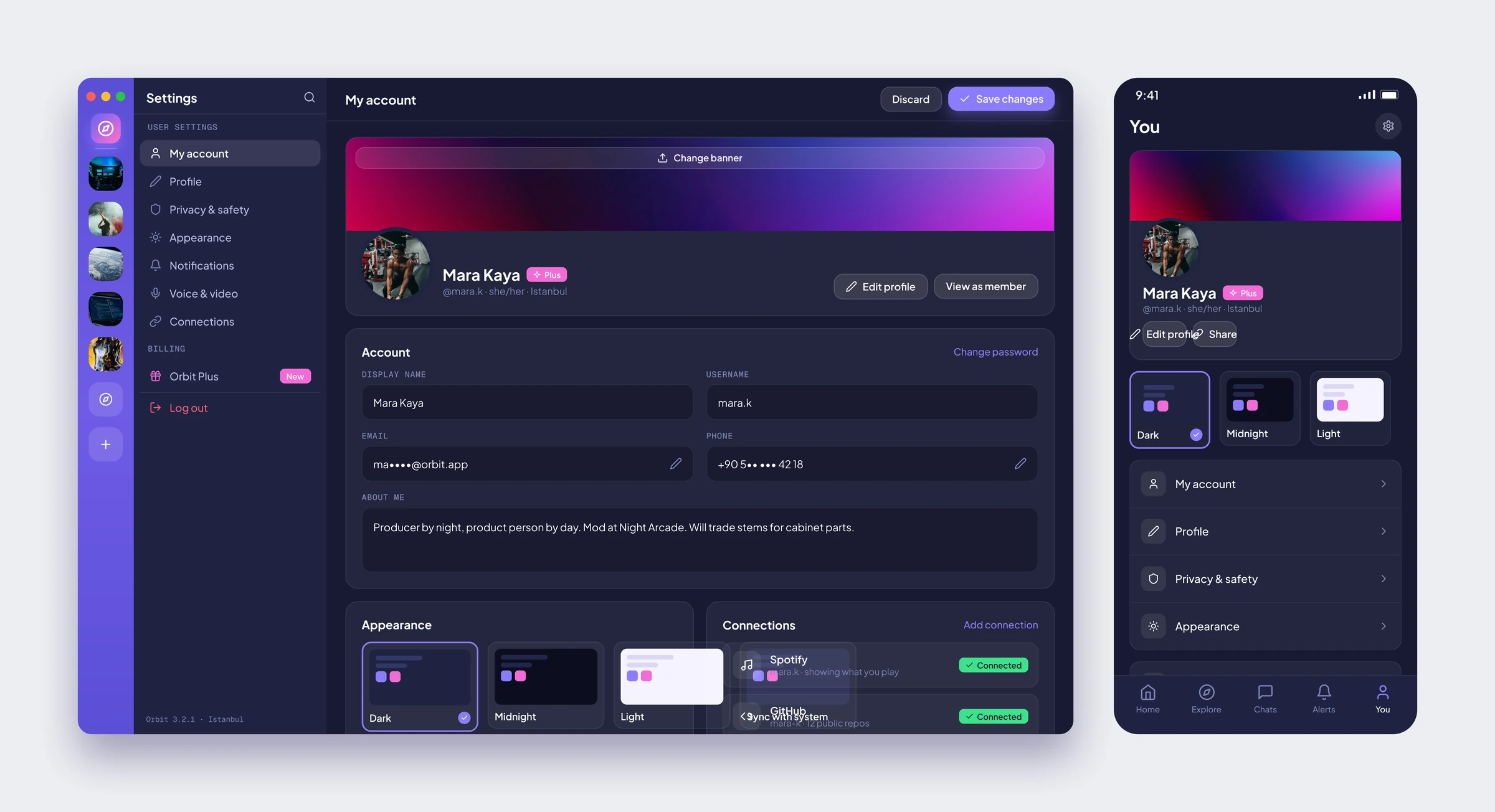 Orbit profil ve ayarlar: hesap bilgileri, tema kartları ve bağlı hesaplar