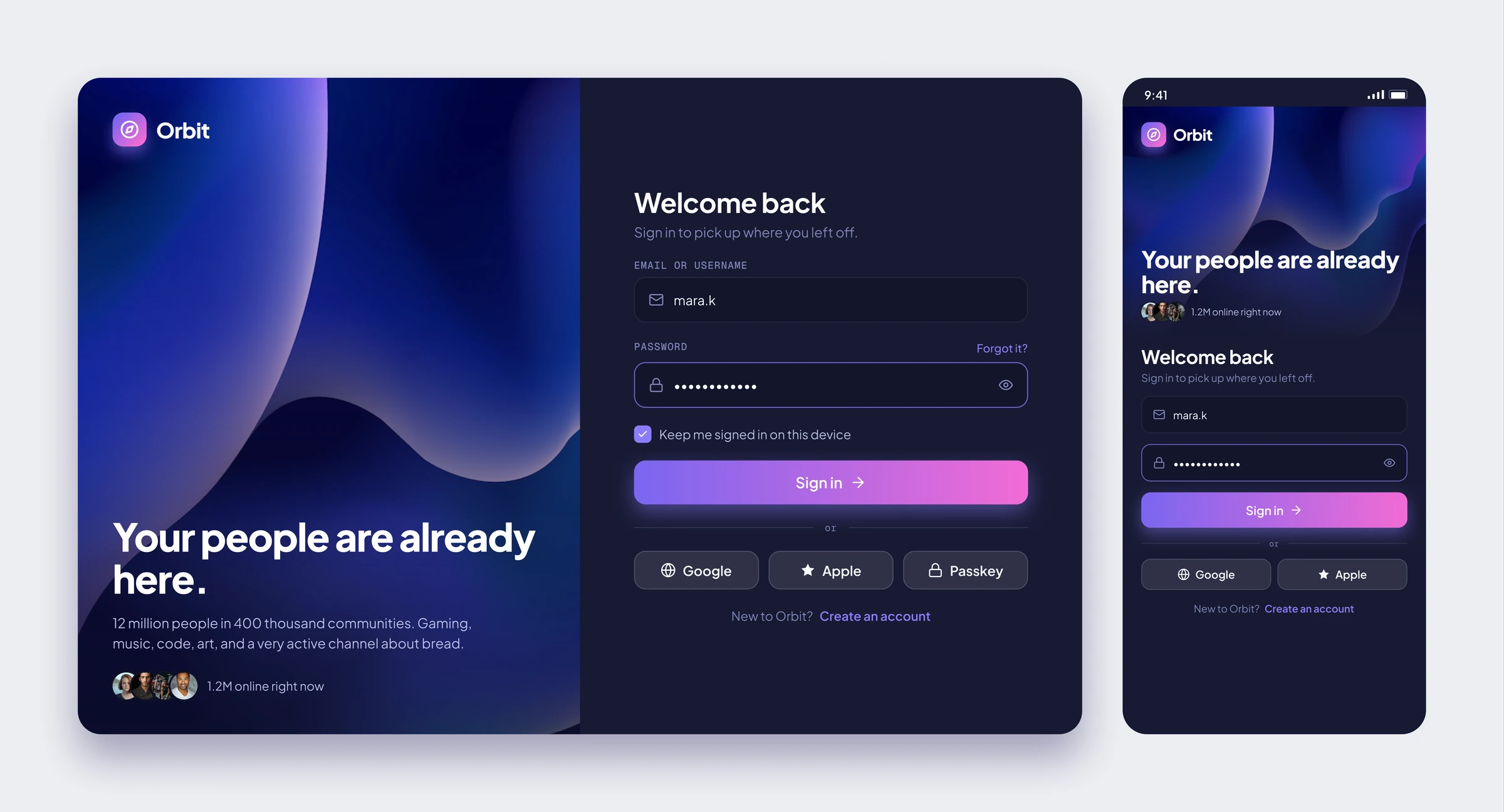 Orbit giriş ekranı: solda başlık, sağda Google, Apple ve passkey seçenekli kısa bir form