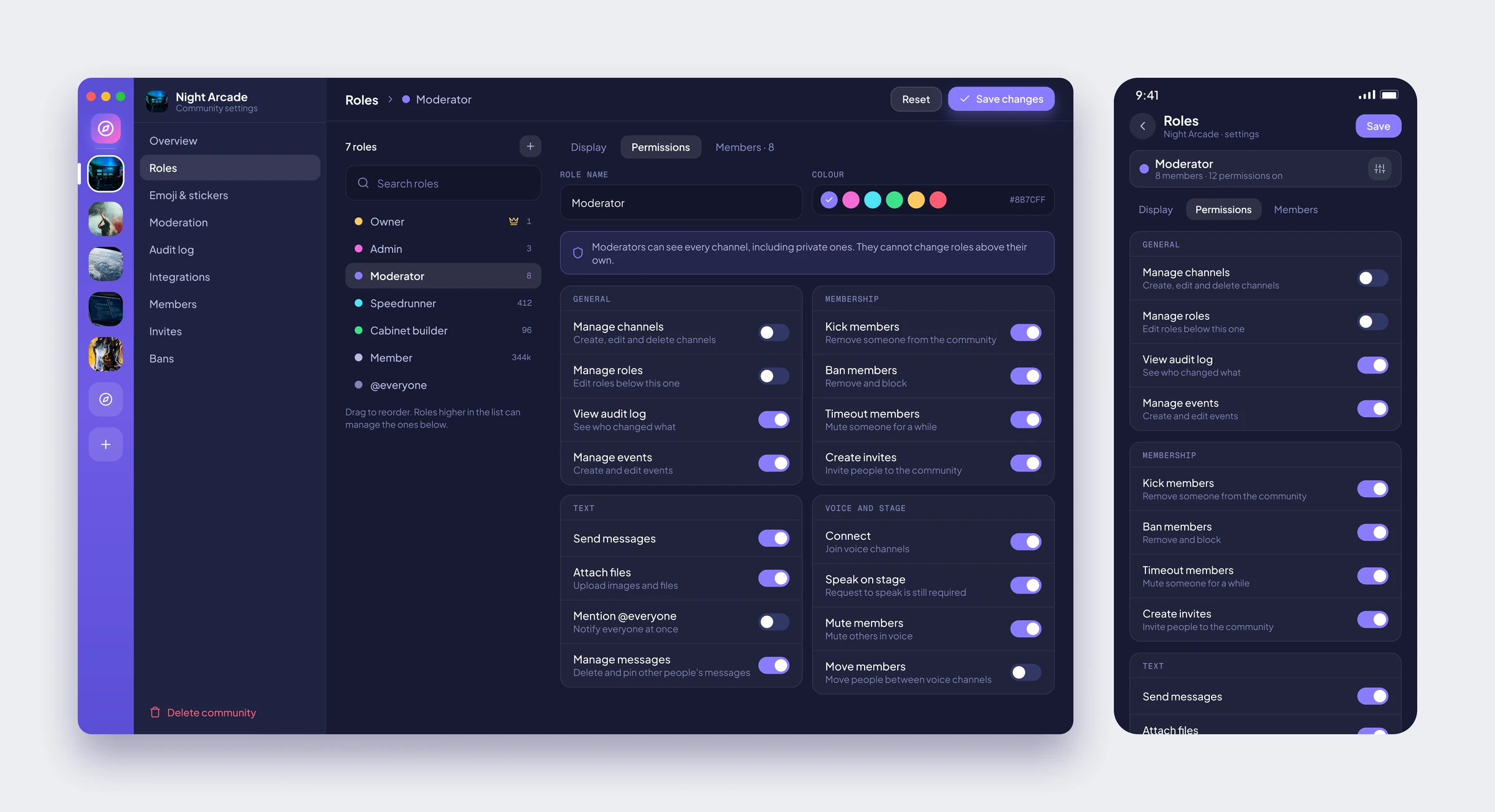 Orbit roller ve izinler ekranı: rol listesi, renk seçici ve izin anahtarları