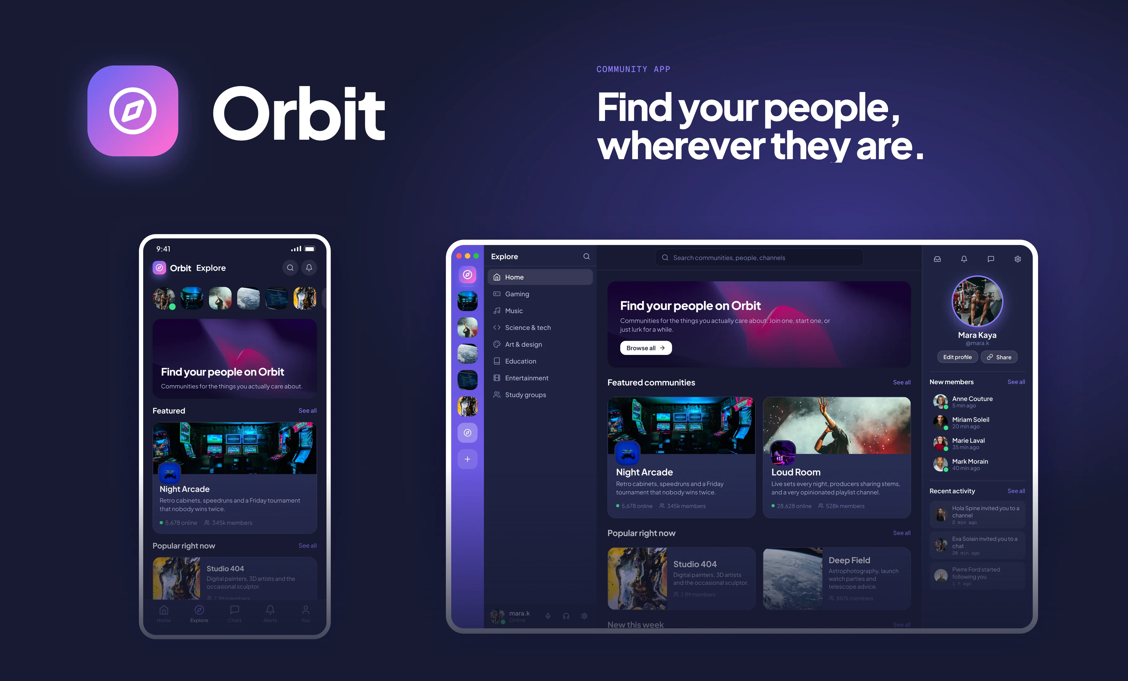 Orbit’in telefonda ve masaüstü penceresinde açık keşfet ekranı