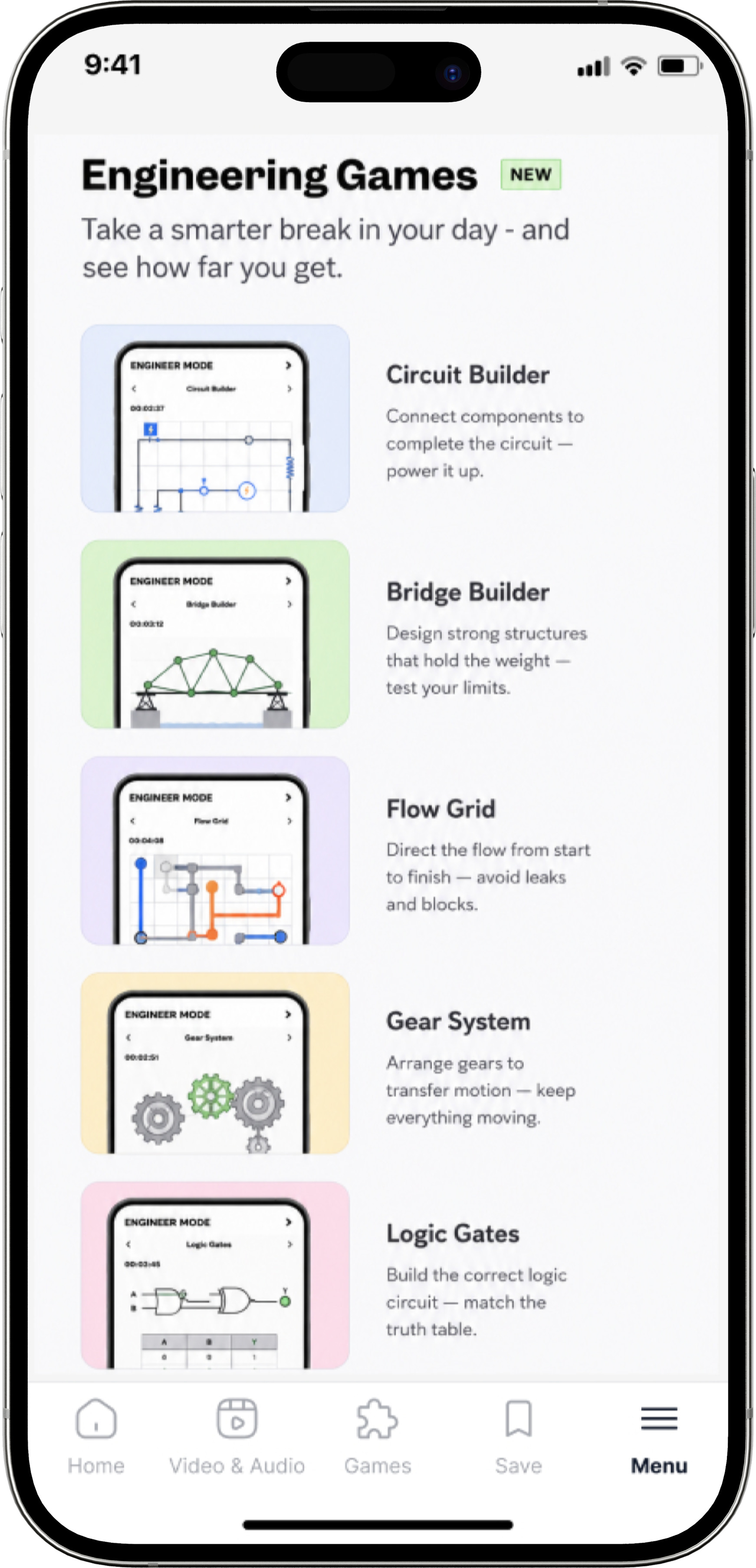 A concept engineering games section inside the IE App